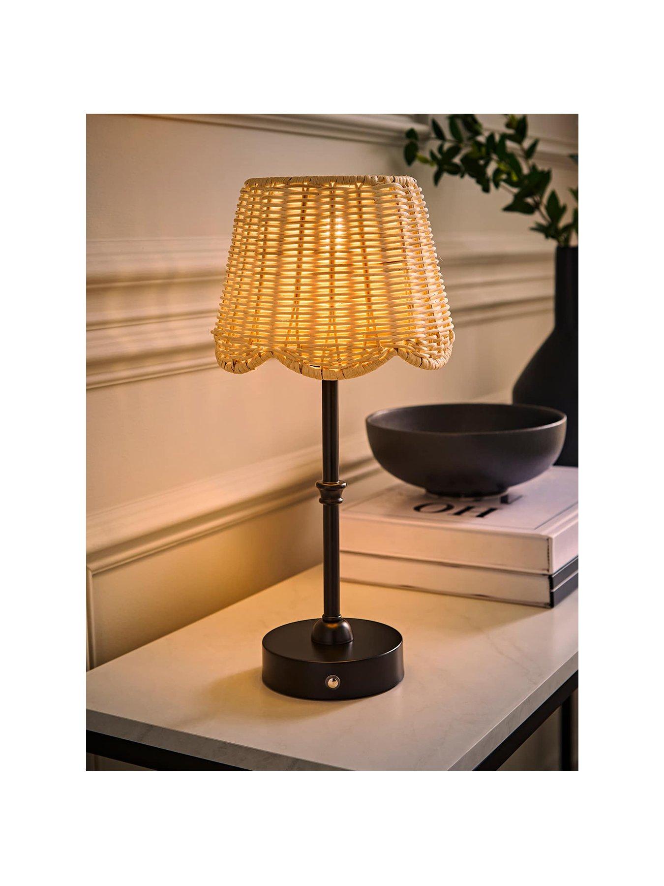 Image 2 of 6 of ValueLights Lowe Matte Black Rechargeable Table Lamp With Rattan Taper Shade
