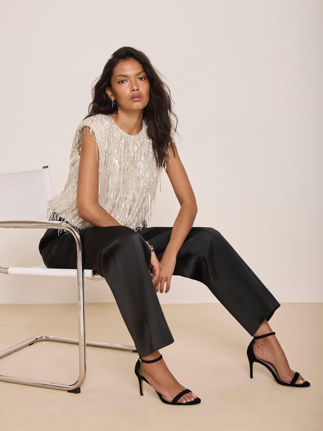 Image 1 of 6 of Mint Velvet Womens Fringe Sequin Sleeveless Blouse - Gold