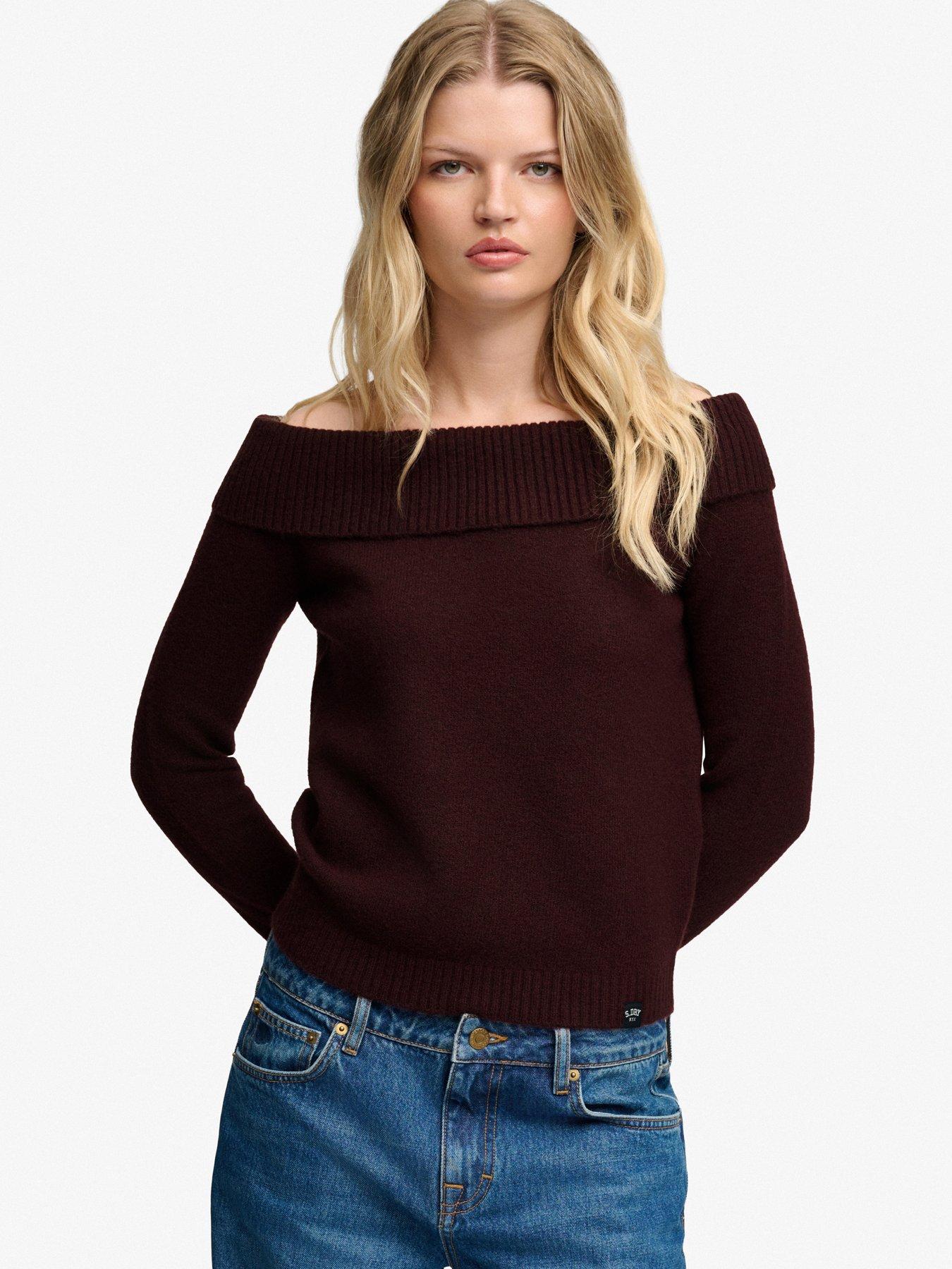 Image 1 of 6 of Superdry Womens Bardot Slim Fit Knitted Jumper - Red