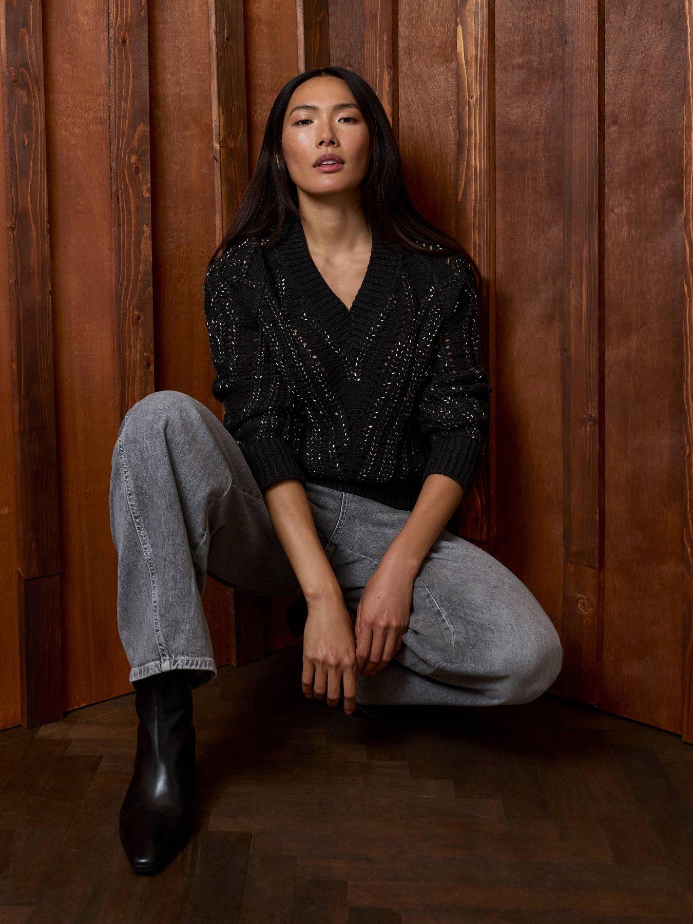 Image 1 of 6 of Mint Velvet Womens Embellished V-Neck Jumper - Grey