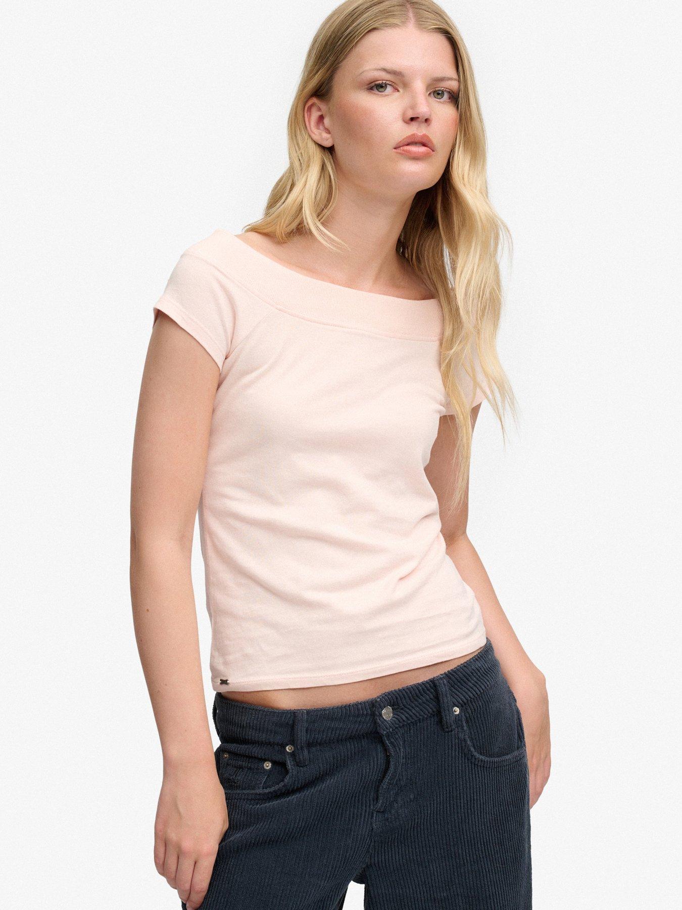 Image 1 of 7 of Superdry Womens Athletic Essentials Bardot Slim Fit Blouse - Pink