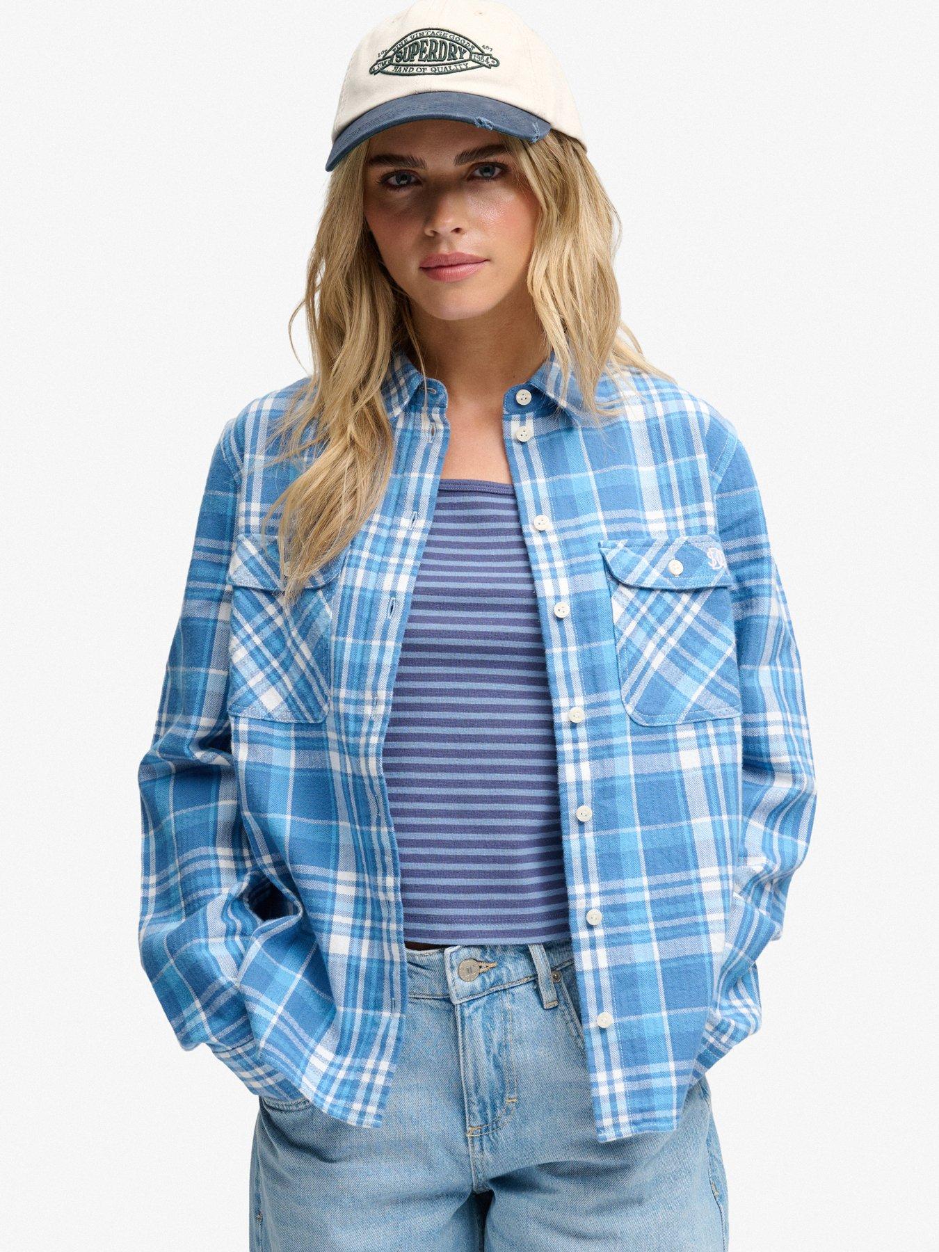 Image 1 of 6 of Superdry Womens Lumberjack Relaxed Fit Check Flannel Shirt - Blue