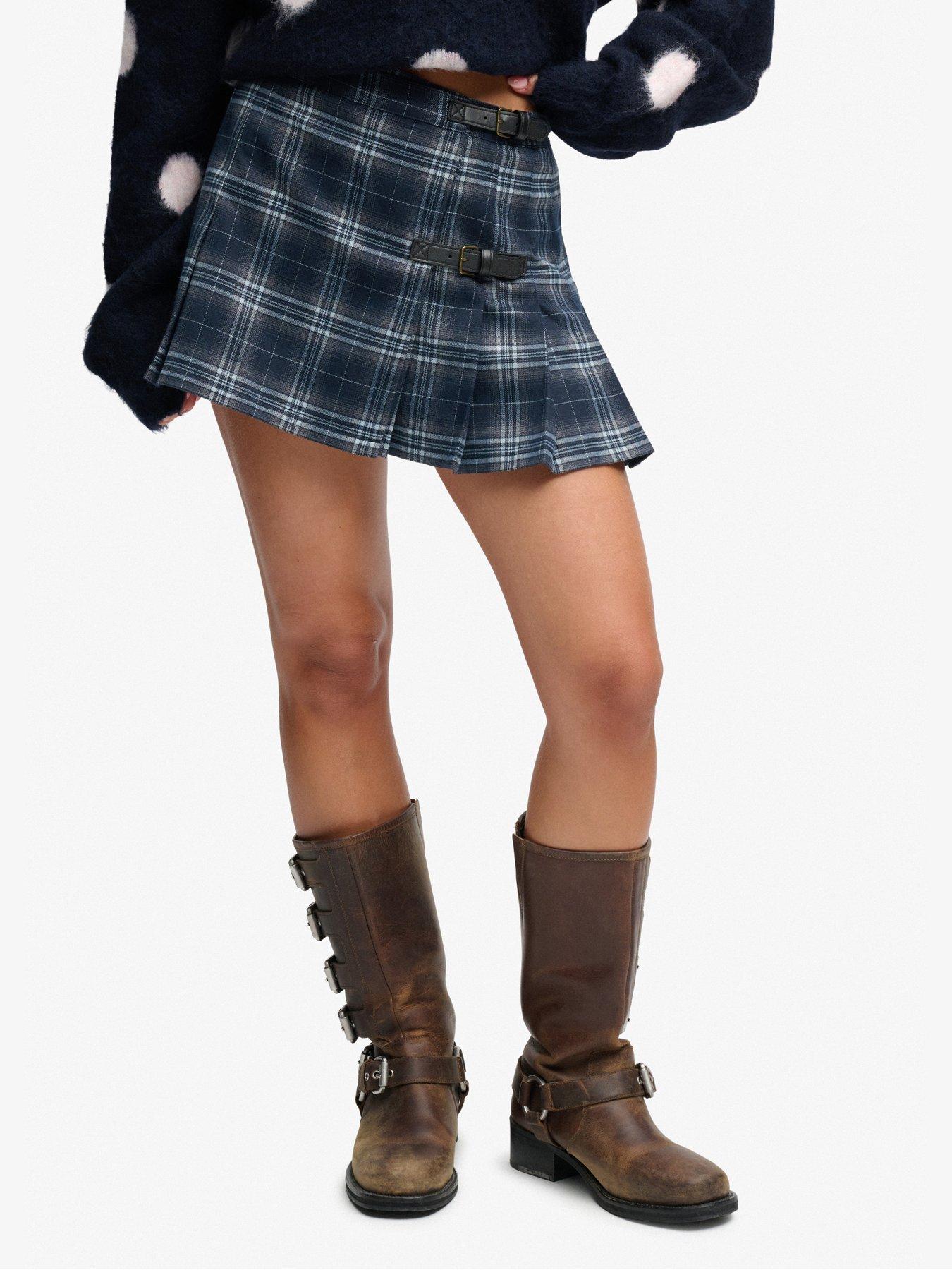 Image 1 of 6 of Superdry Womens Ath Ess Check Slim Fit Pleated Skirt - Navy