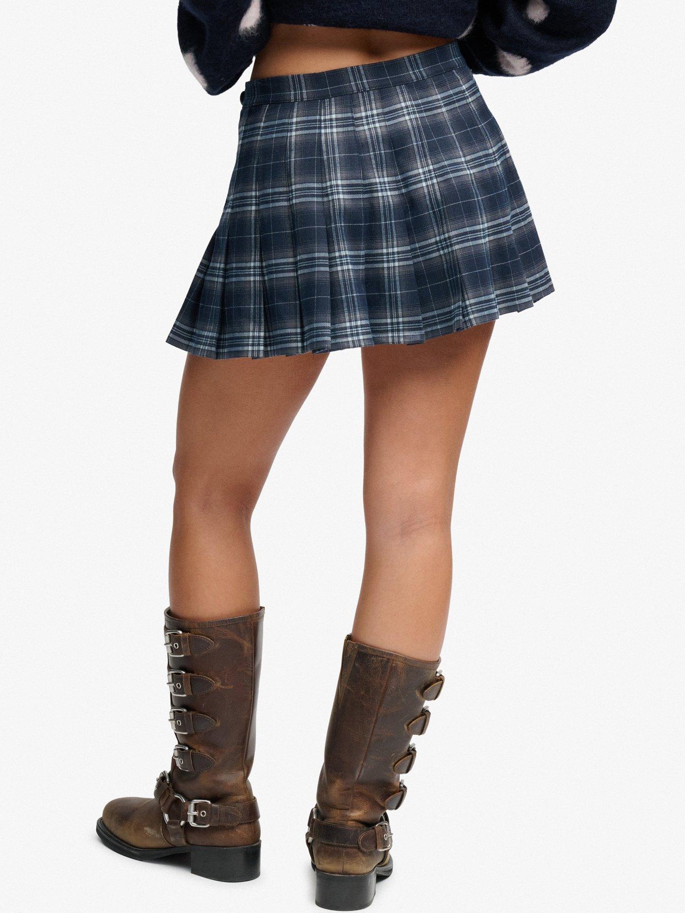 Image 2 of 6 of Superdry Womens Ath Ess Check Slim Fit Pleated Skirt - Navy