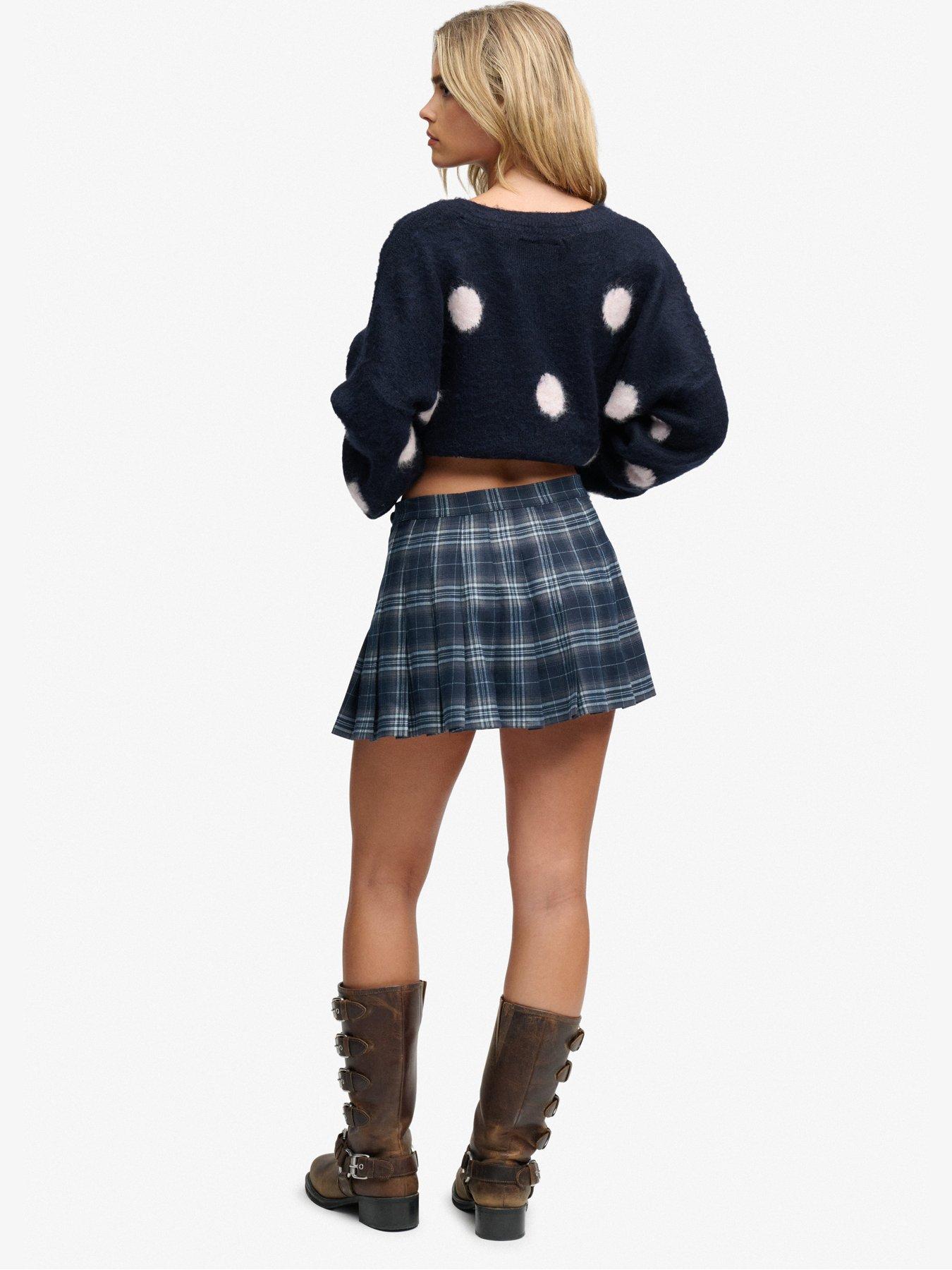 Image 4 of 6 of Superdry Womens Ath Ess Check Slim Fit Pleated Skirt - Navy