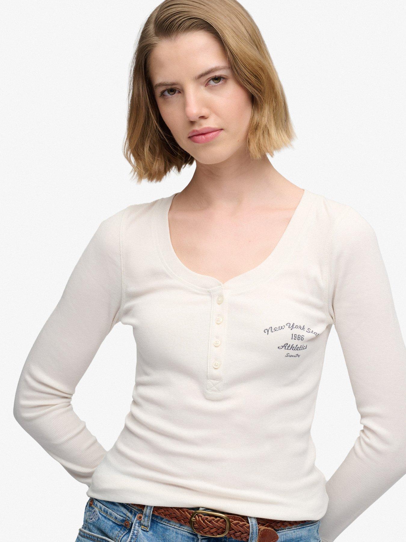 Image 1 of 7 of Superdry Superdry Athletic Button Down Long Sleeve T-shirt - Off White
