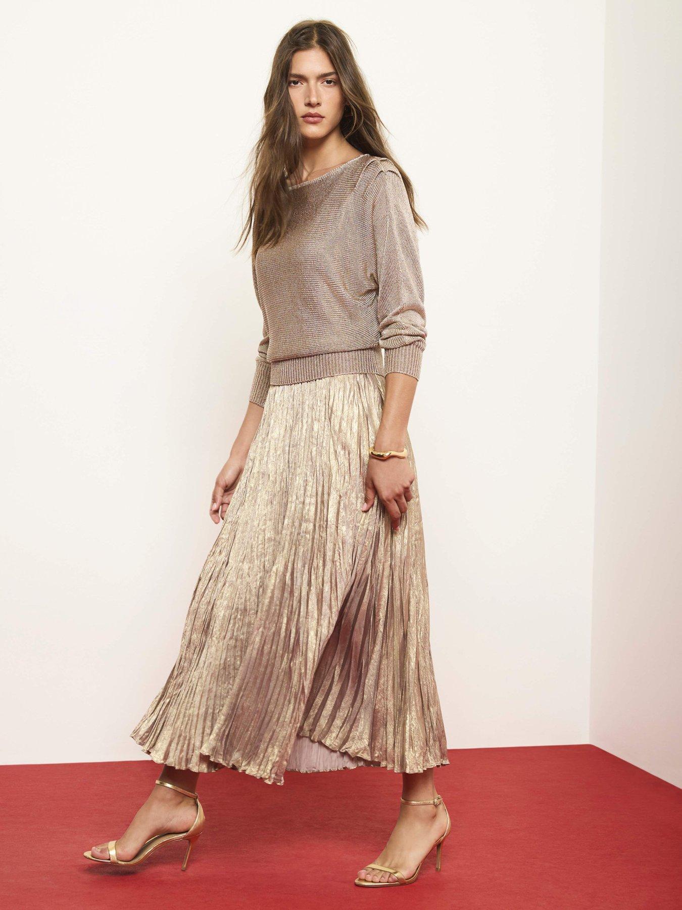 Image 1 of 6 of Mint Velvet Womens Metallic Pleated Midi Dress - Gold