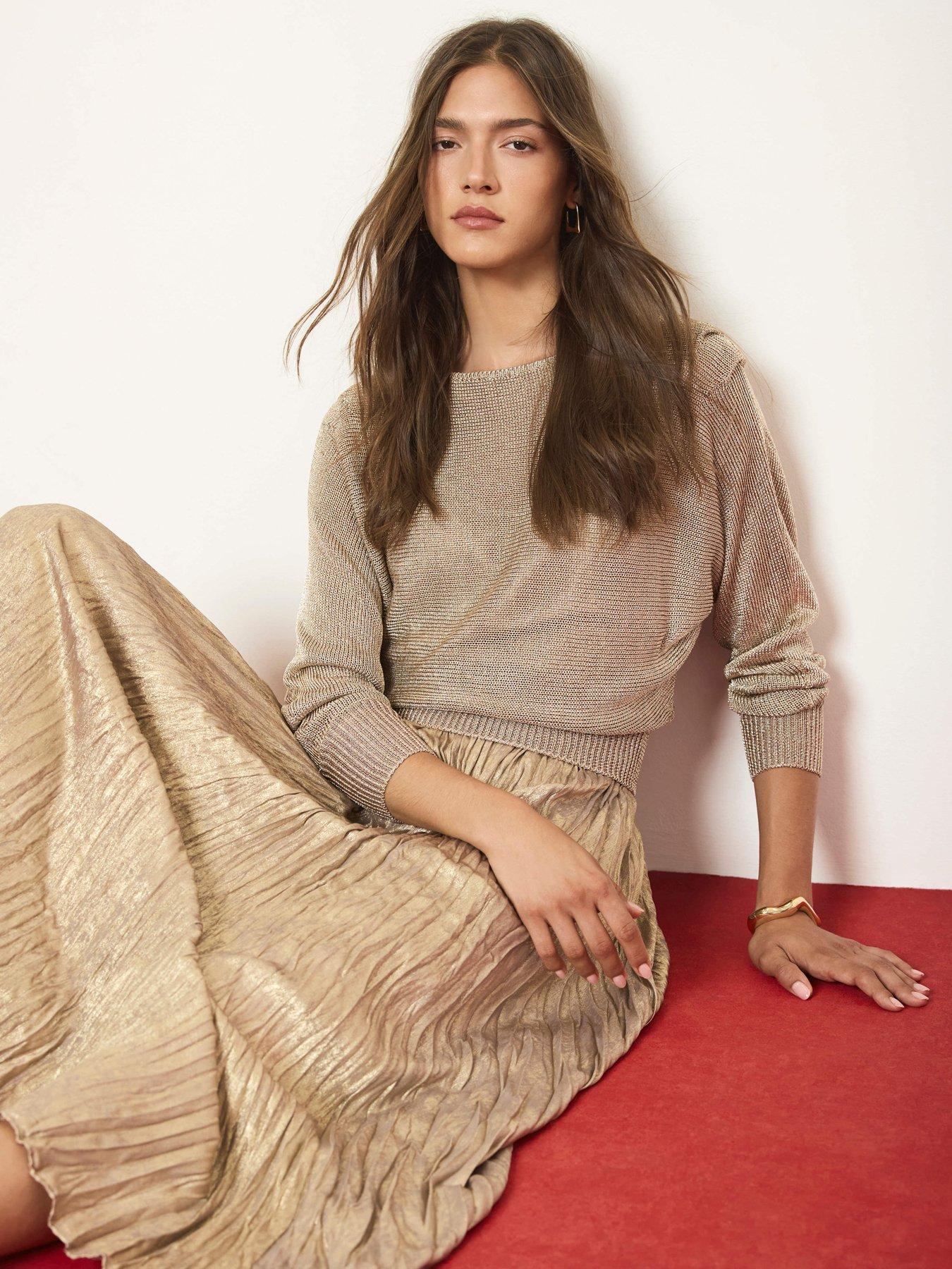 Image 2 of 6 of Mint Velvet Womens Metallic Pleated Midi Dress - Gold
