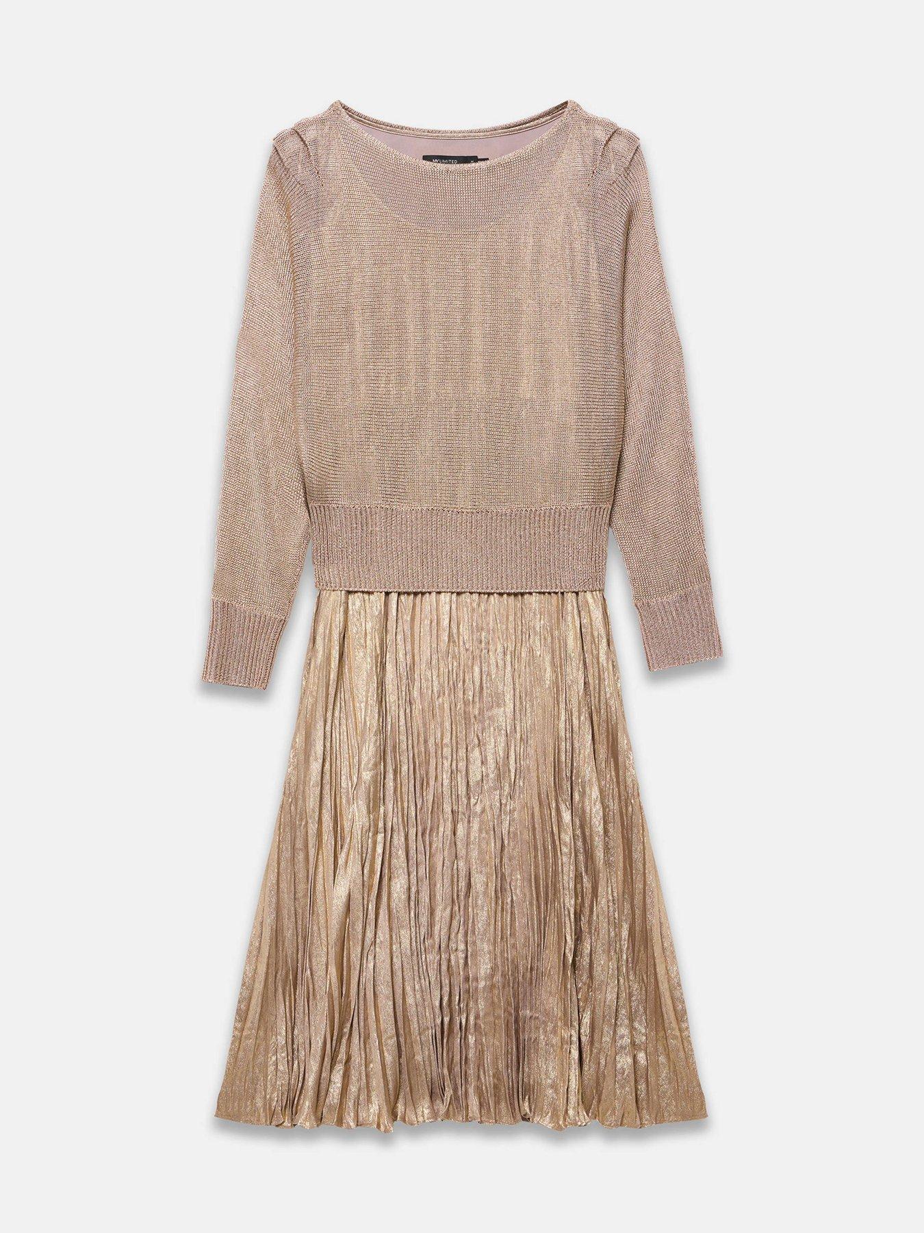 Image 5 of 6 of Mint Velvet Womens Metallic Pleated Midi Dress - Gold