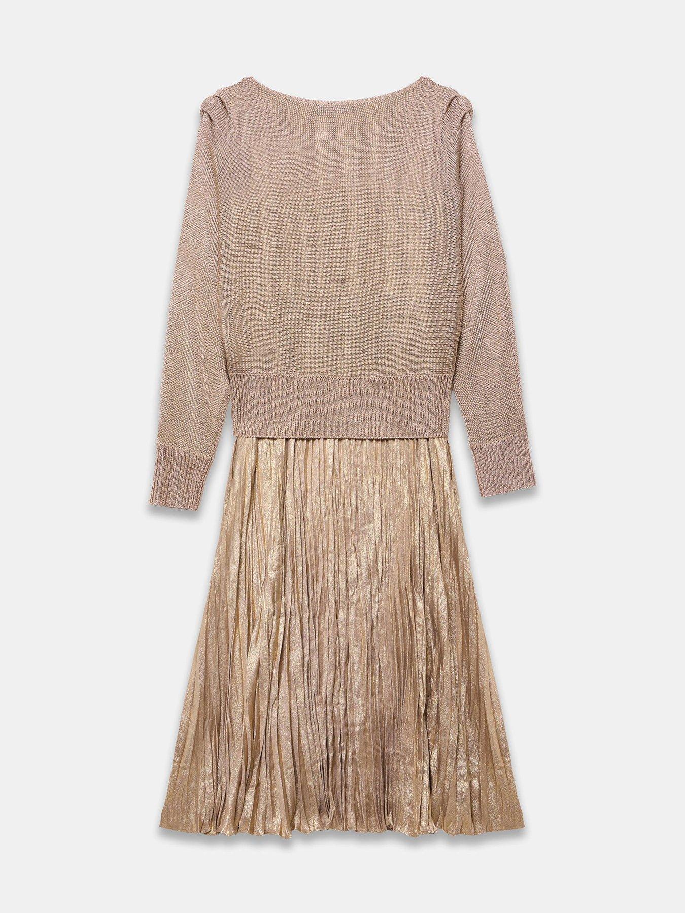 Image 6 of 6 of Mint Velvet Womens Metallic Pleated Midi Dress - Gold