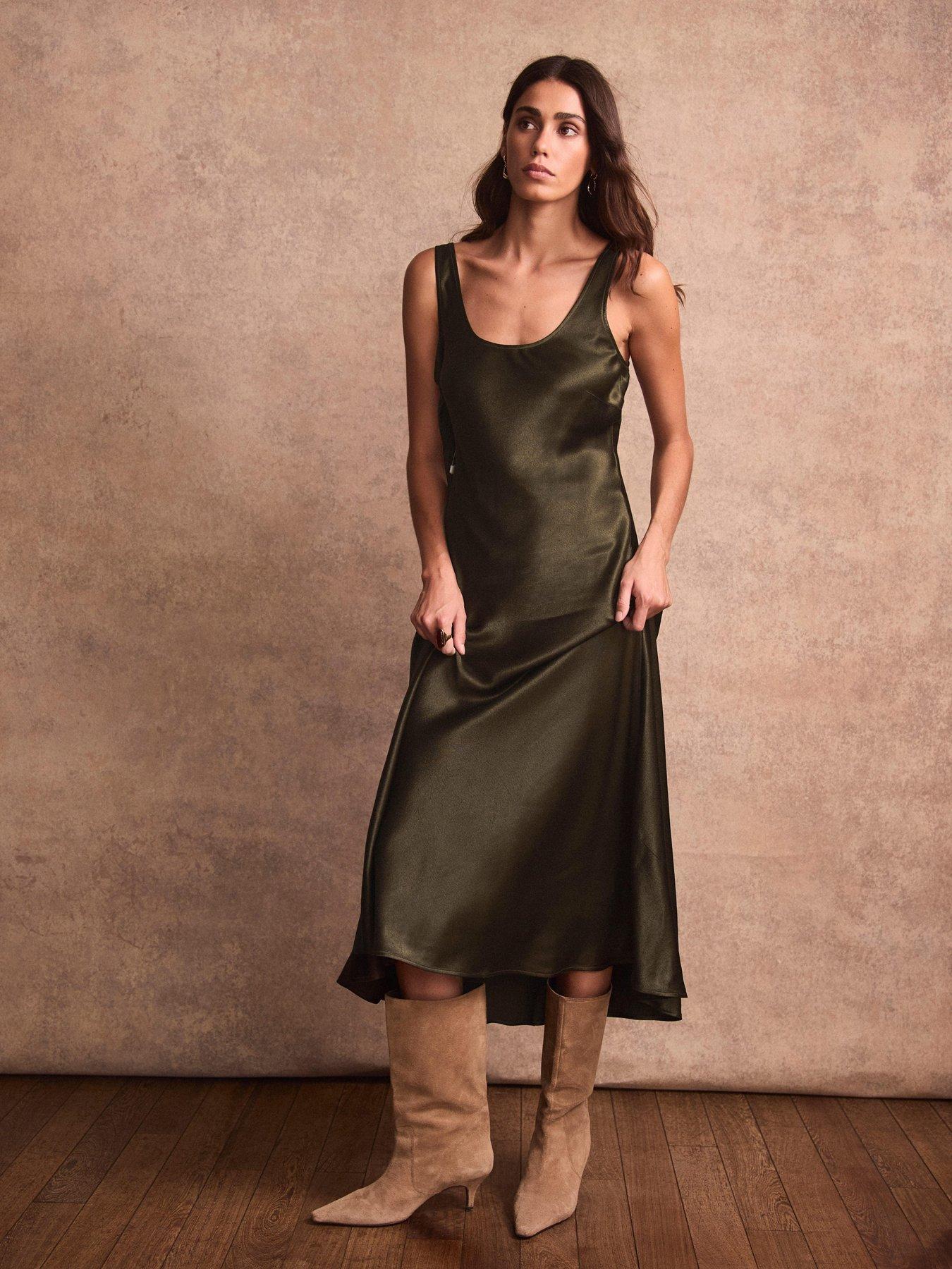 Image 3 of 6 of Mint Velvet Womens Tie Front 2-in-1 Midi Dress - Green