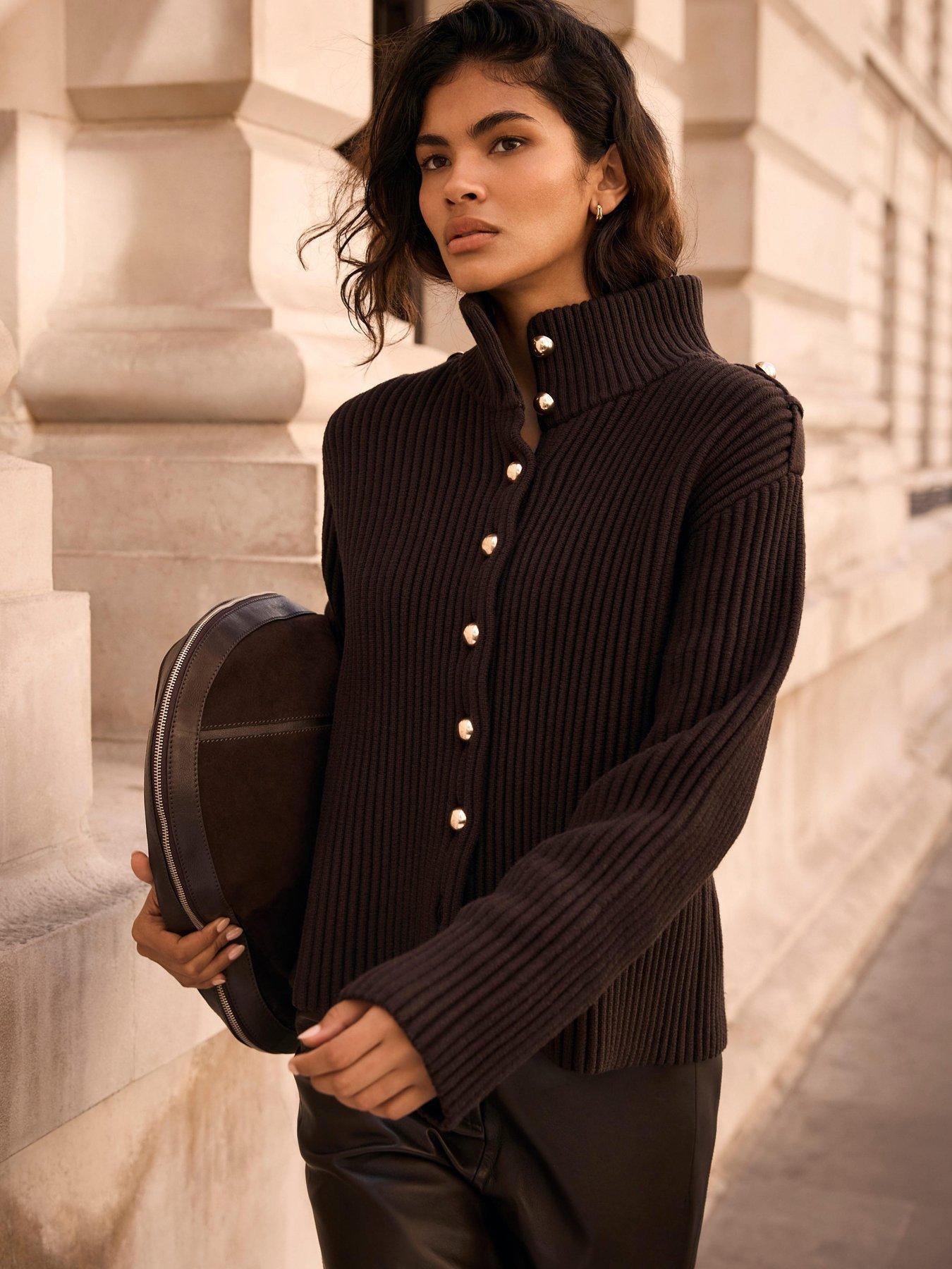 Image 1 of 6 of Mint Velvet Womens Ribbed High Neck Button Front Jacket - Brown