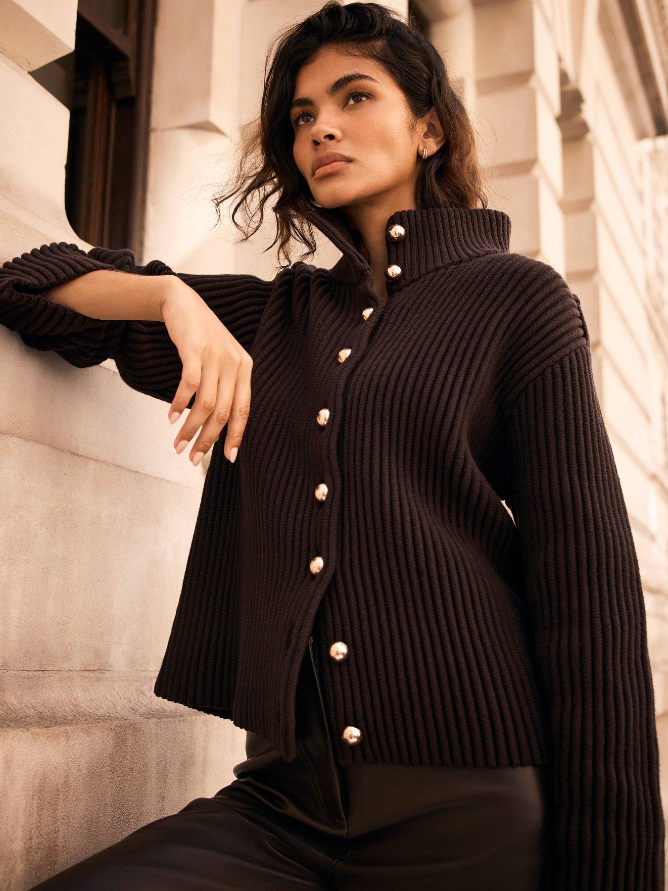 Image 2 of 6 of Mint Velvet Womens Ribbed High Neck Button Front Jacket - Brown
