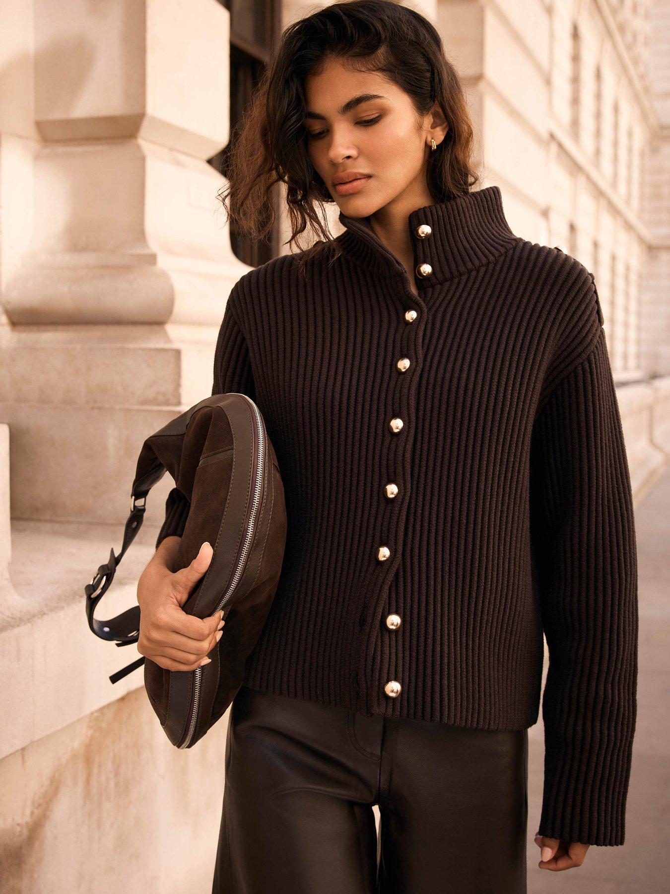 Image 4 of 6 of Mint Velvet Womens Ribbed High Neck Button Front Jacket - Brown