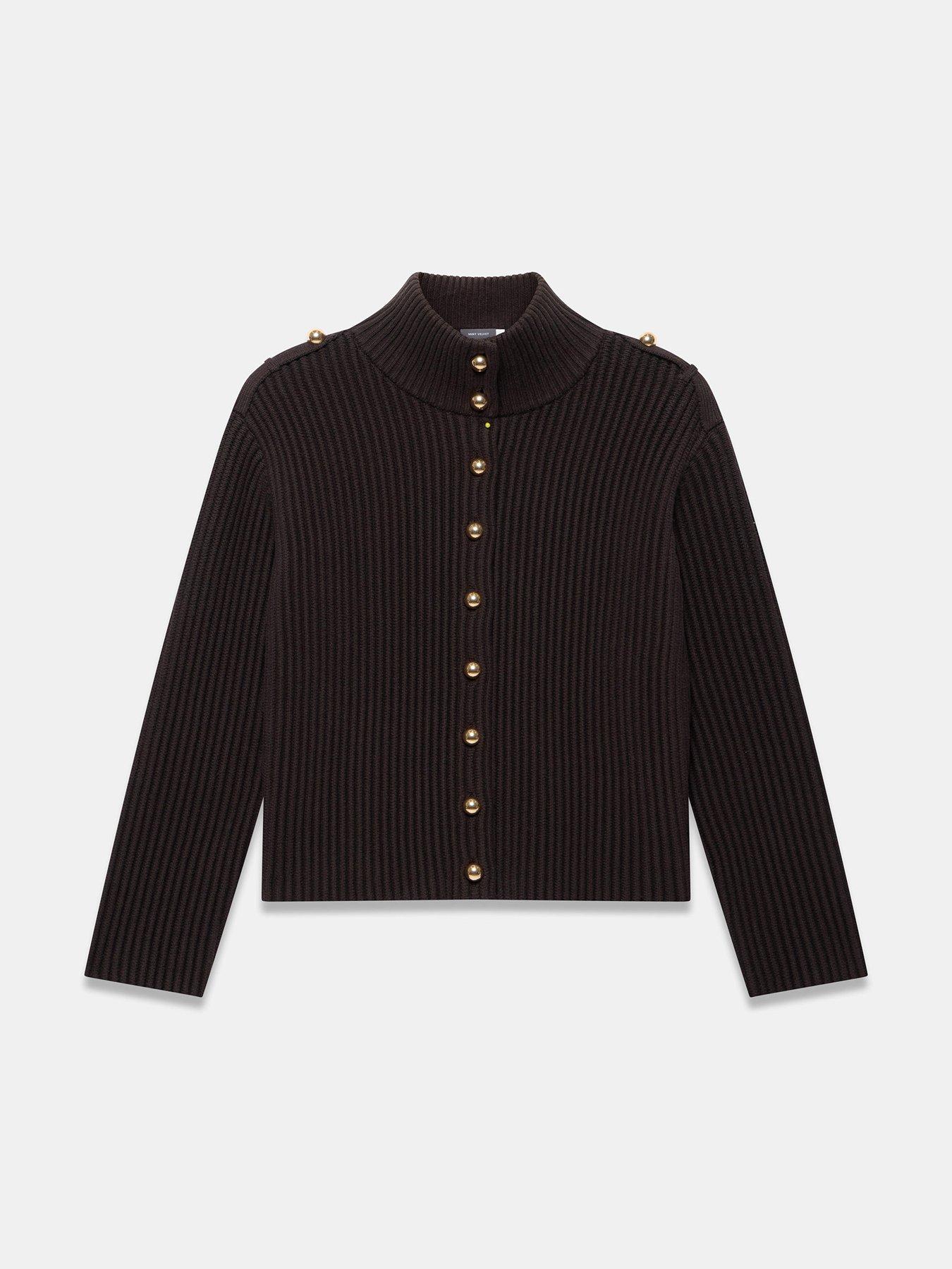 Image 5 of 6 of Mint Velvet Womens Ribbed High Neck Button Front Jacket - Brown