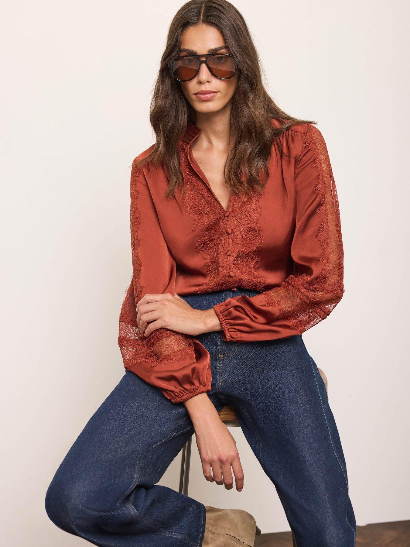 Image 1 of 6 of Mint Velvet Womens Lace Satin V-Neck Blouse - Orange