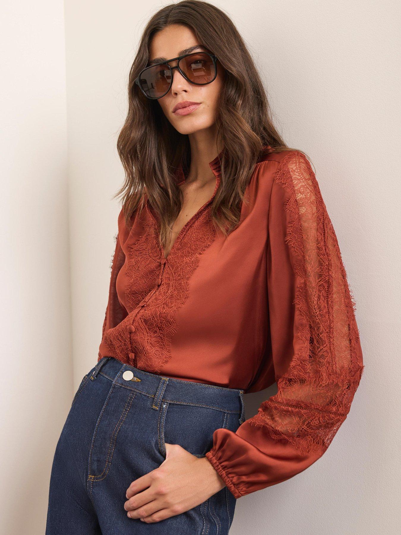 Image 2 of 6 of Mint Velvet Womens Lace Satin V-Neck Blouse - Orange