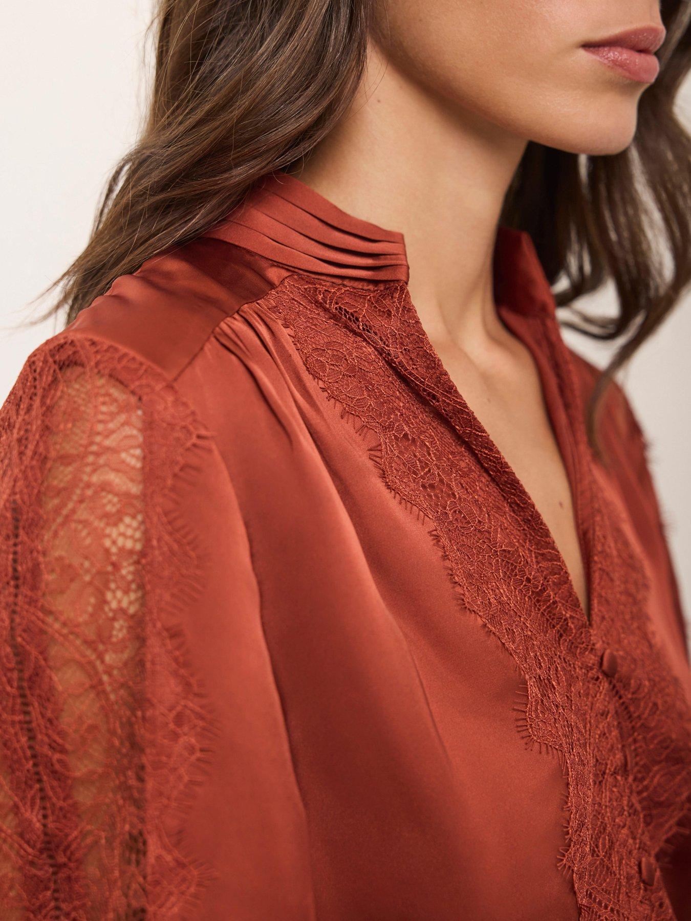 Image 3 of 6 of Mint Velvet Womens Lace Satin V-Neck Blouse - Orange