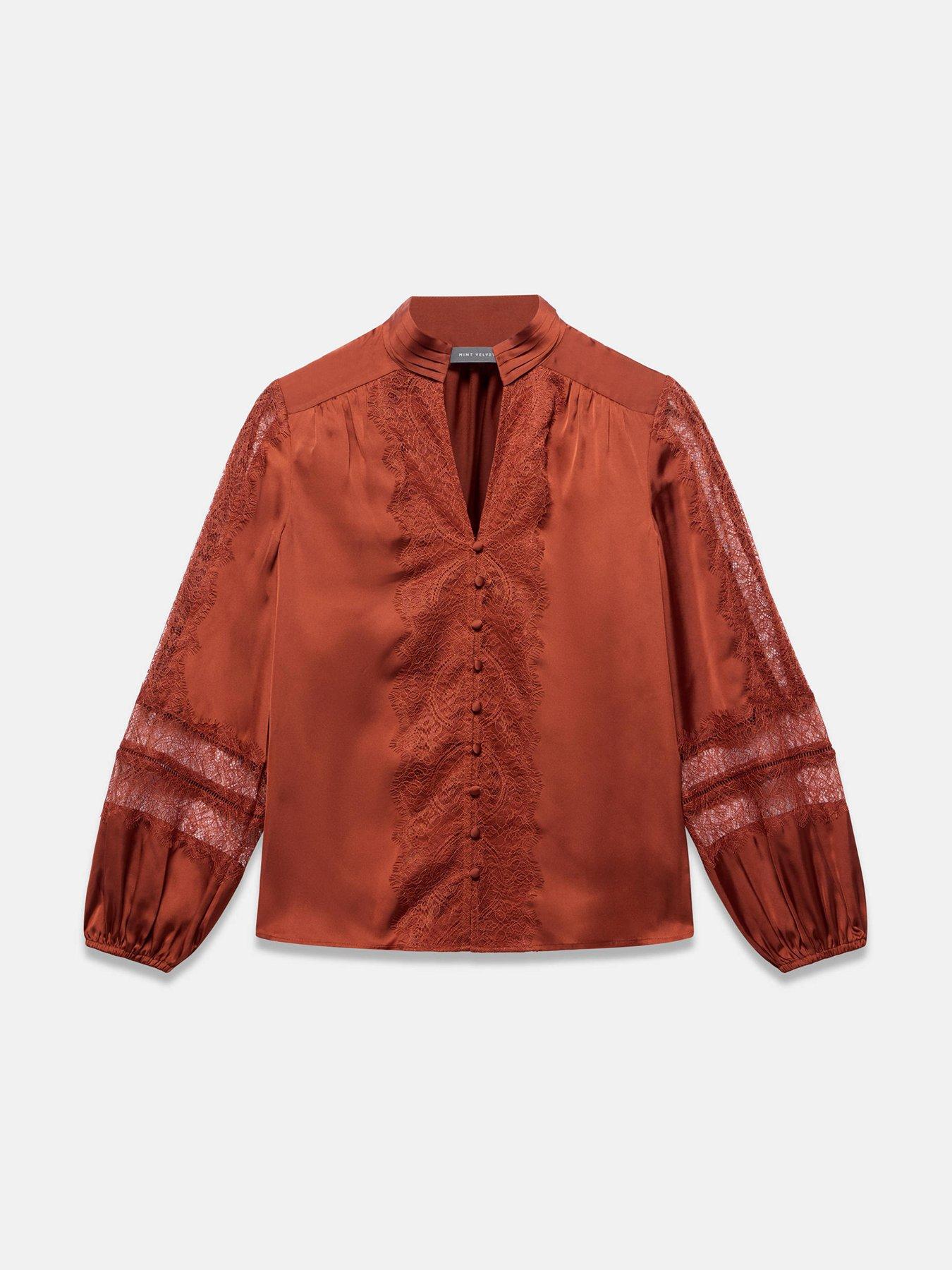 Image 5 of 6 of Mint Velvet Womens Lace Satin V-Neck Blouse - Orange