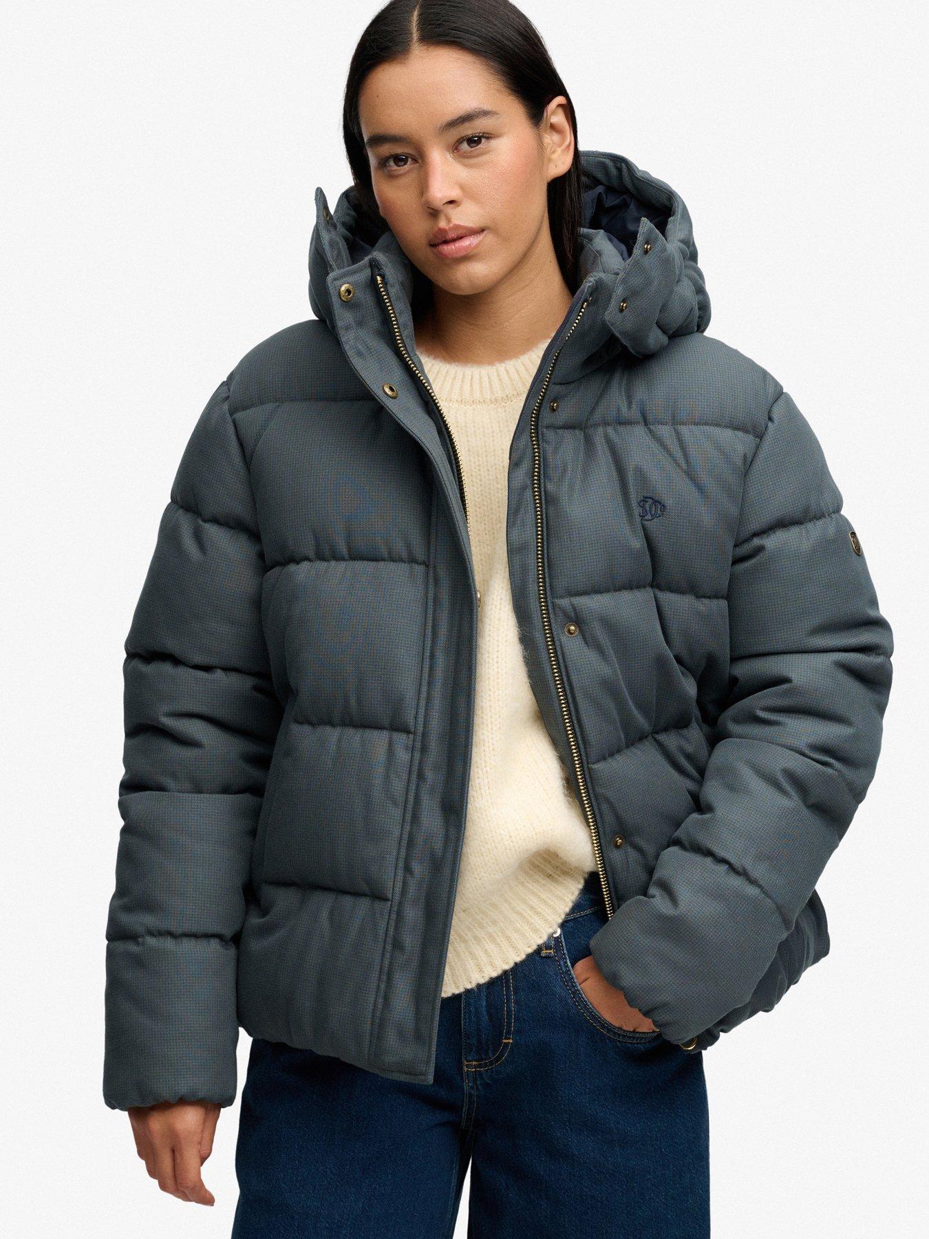 Image 1 of 7 of Superdry Superdry Premium Hood Check Puffer Jacket - Green