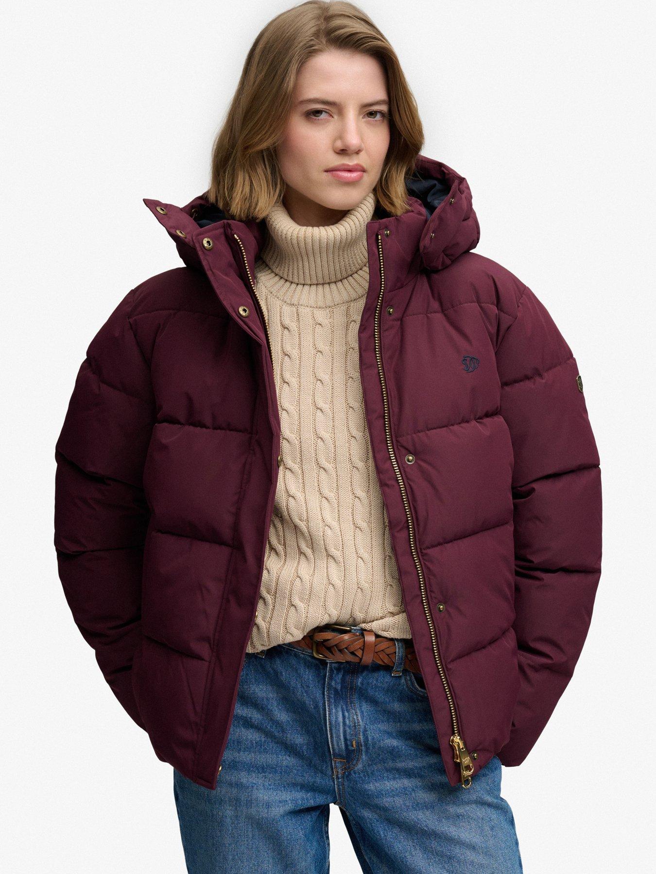 Image 1 of 6 of Superdry Womens Premium Detachable Hood Water-Repellent Puffer Jacket - Purple
