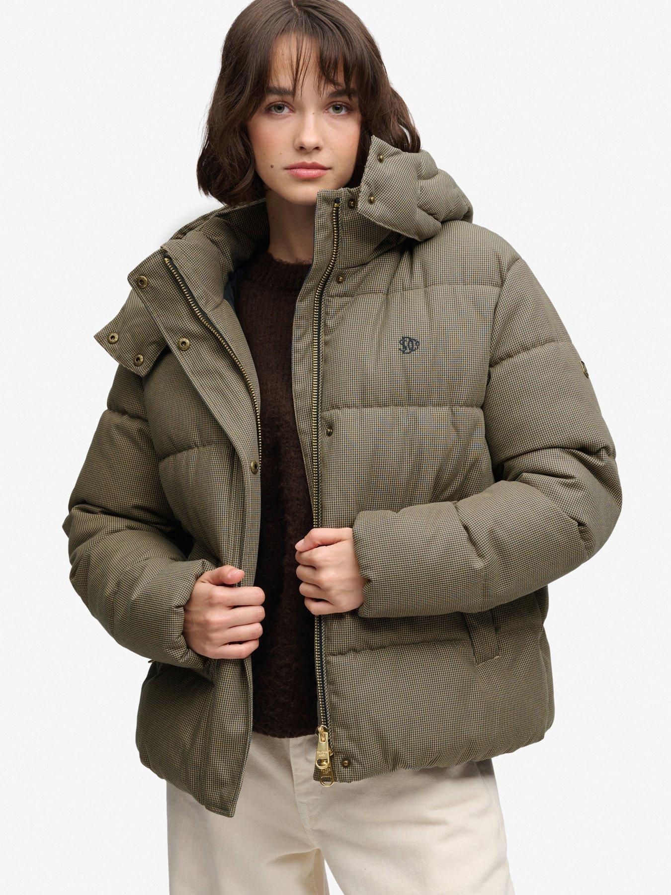 Image 1 of 7 of Superdry Superdry Premium Hood Check Puffer Jacket - Brown