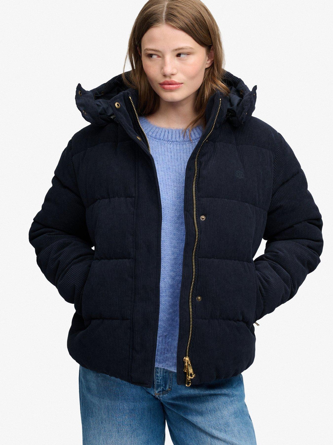 Image 1 of 7 of Superdry Superdry Premium Hood Cord Puffer Jacket - Navy