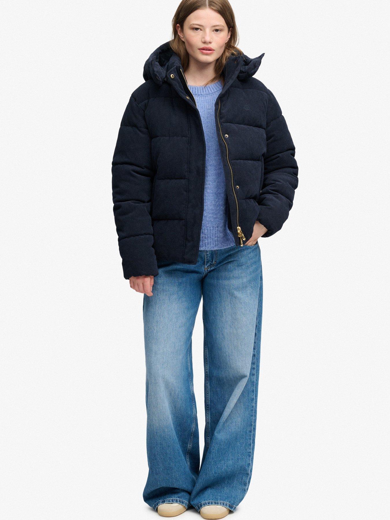 Image 3 of 7 of Superdry Superdry Premium Hood Cord Puffer Jacket - Navy