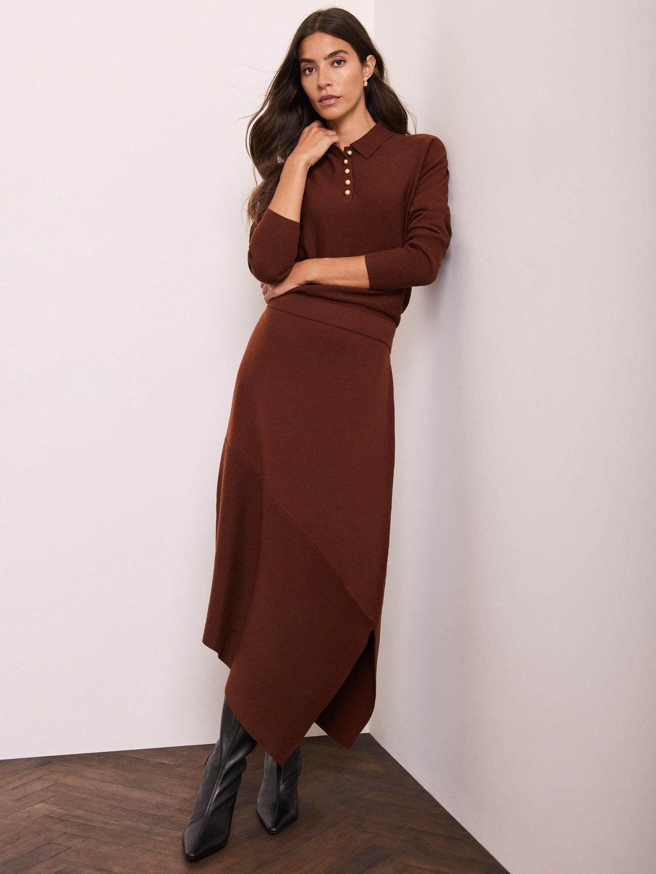 Image 1 of 6 of Mint Velvet Womens Asymmetric Knit Dress - Brown