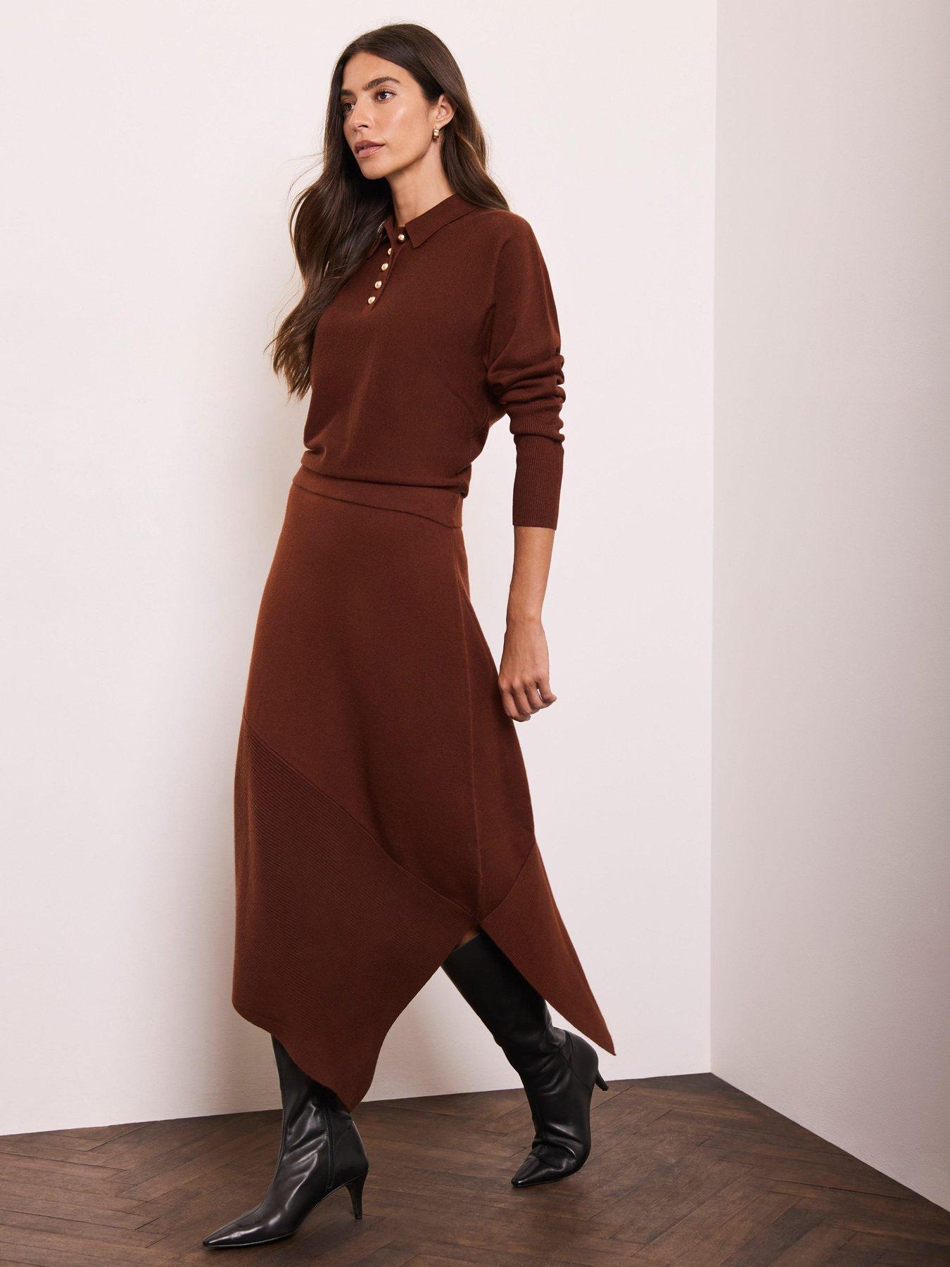 Image 3 of 6 of Mint Velvet Womens Asymmetric Knit Dress - Brown