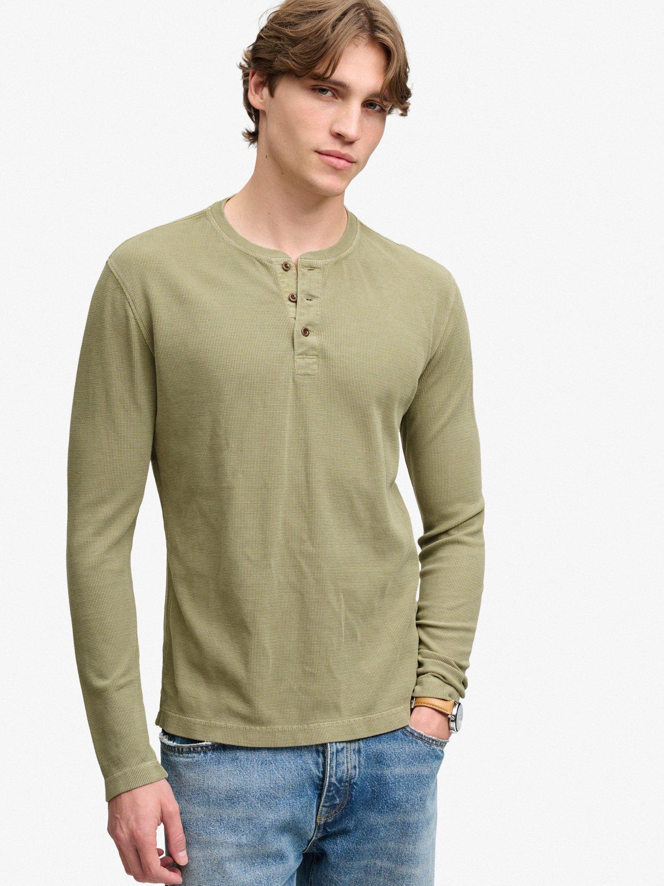 Image 1 of 6 of Superdry Mens Waffle Henley Regular Fit Long Sleeve T-Shirt - Light Khaki