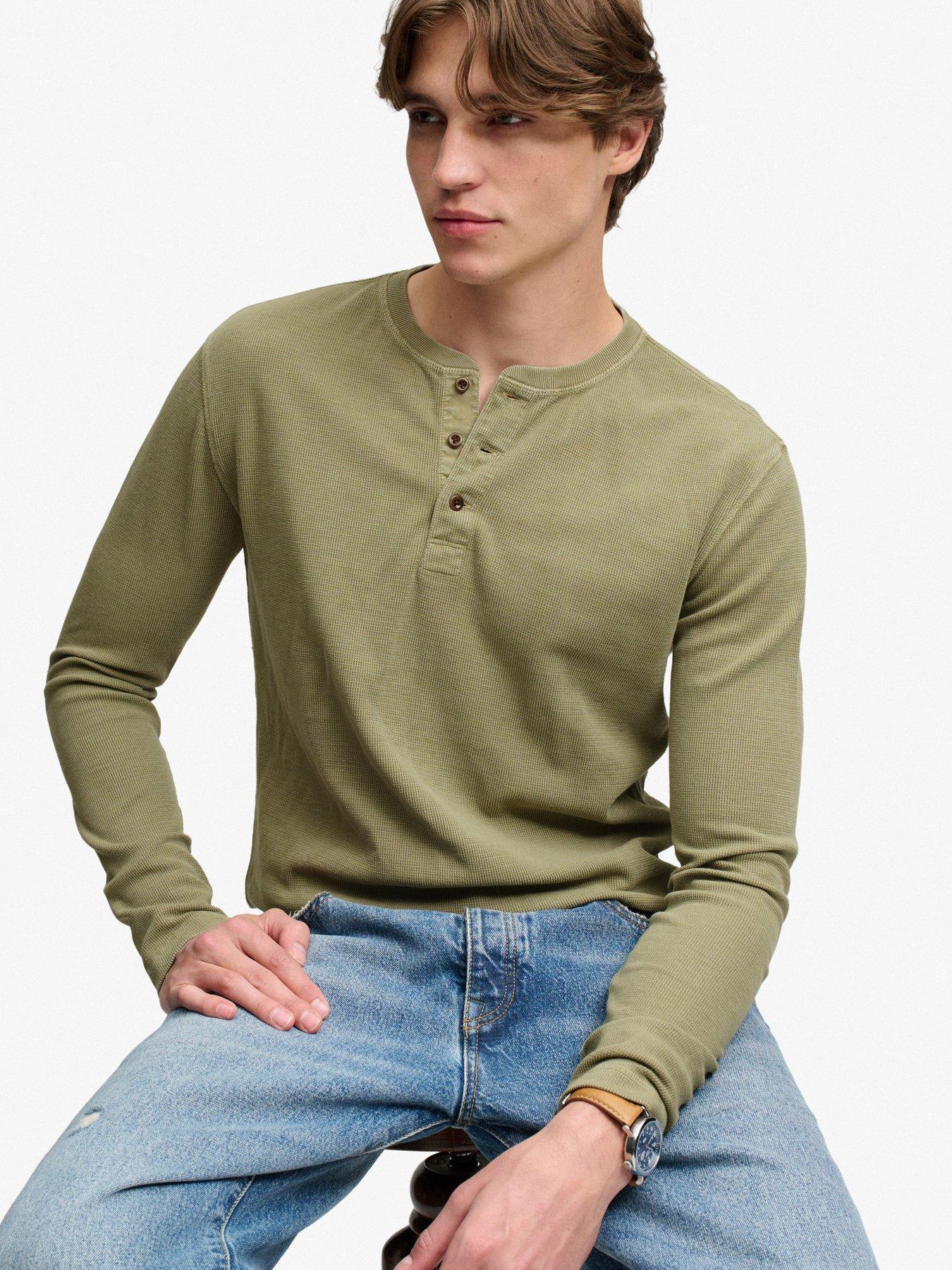 Image 4 of 6 of Superdry Mens Waffle Henley Regular Fit Long Sleeve T-Shirt - Light Khaki