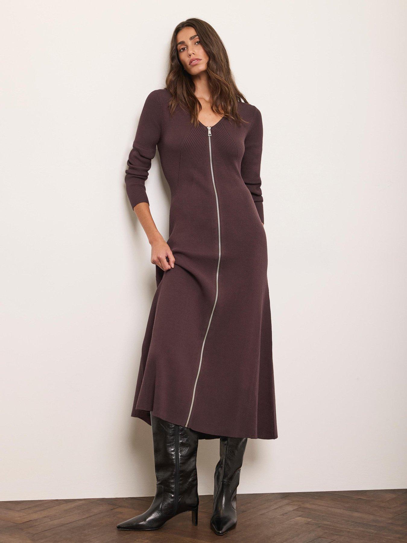 Image 1 of 6 of Mint Velvet Womens Zip Front Ribbed Knit Midi Dress - Brown