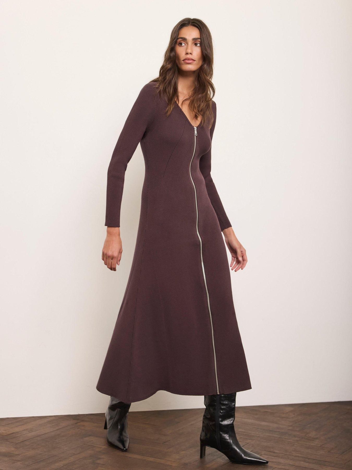 Image 2 of 6 of Mint Velvet Womens Zip Front Ribbed Knit Midi Dress - Brown