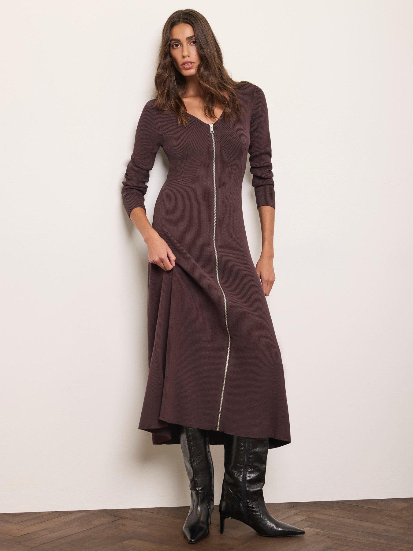 Image 3 of 6 of Mint Velvet Womens Zip Front Ribbed Knit Midi Dress - Brown
