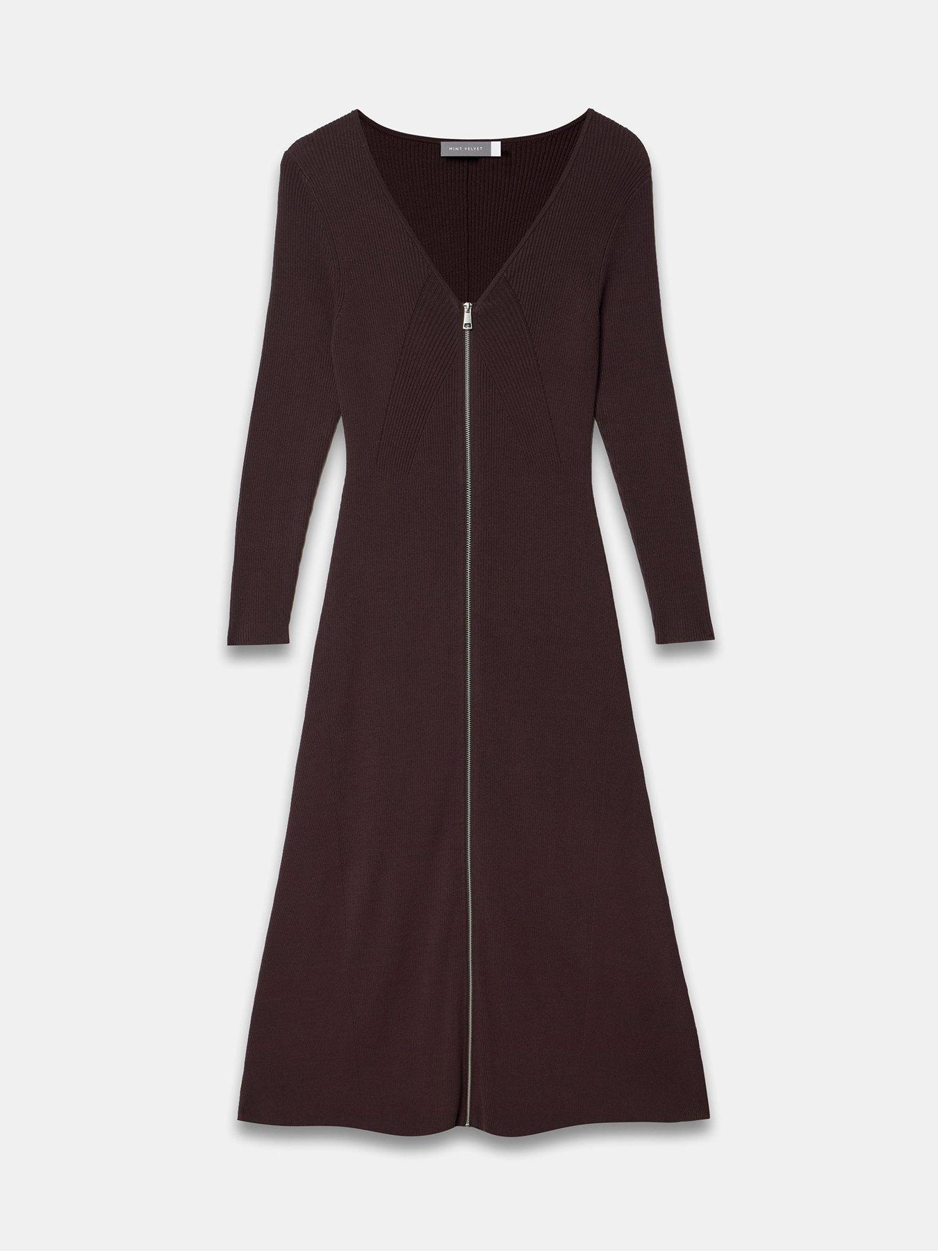 Image 5 of 6 of Mint Velvet Womens Zip Front Ribbed Knit Midi Dress - Brown