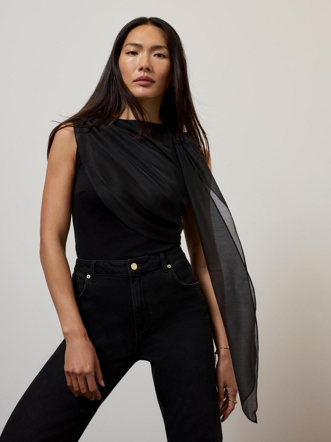 Image 1 of 6 of Mint Velvet Womens Drape Asymmetric Scarf Detail Blouse - Black