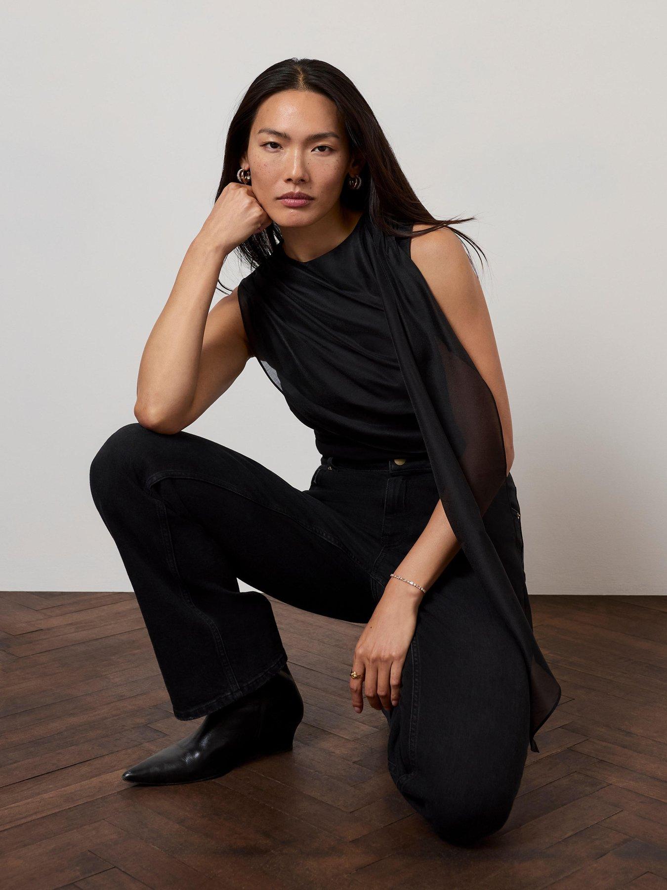 Image 3 of 6 of Mint Velvet Womens Drape Asymmetric Scarf Detail Blouse - Black