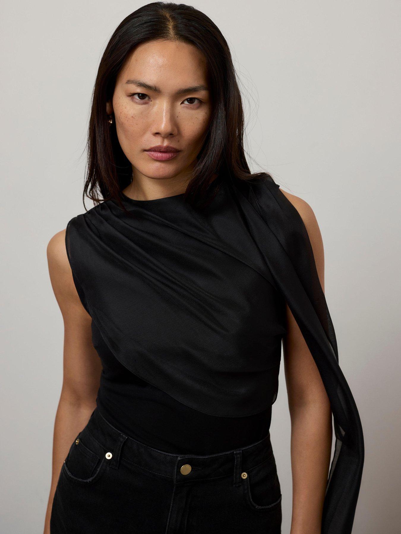 Image 4 of 6 of Mint Velvet Womens Drape Asymmetric Scarf Detail Blouse - Black