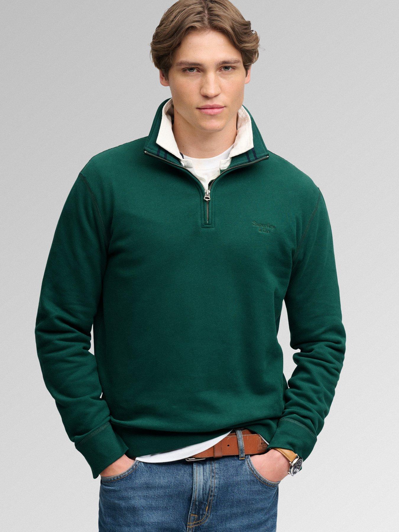 Image 1 of 7 of Superdry Mens Essential Serif Logo Half Zip Sweatshirt - Green