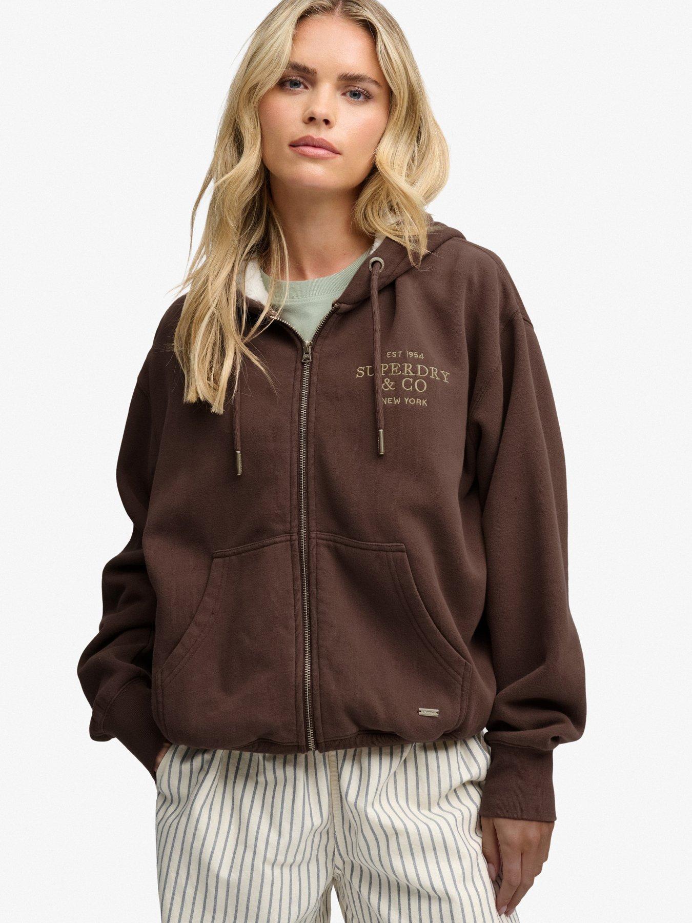 Image 1 of 7 of Superdry Womens Luxe Fur Lined Zip-Through Hoodie - Brown