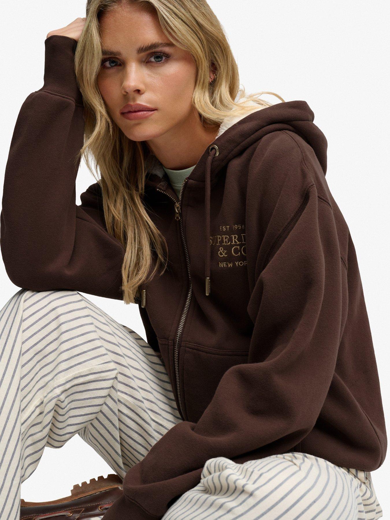 Image 4 of 7 of Superdry Womens Luxe Fur Lined Zip-Through Hoodie - Brown