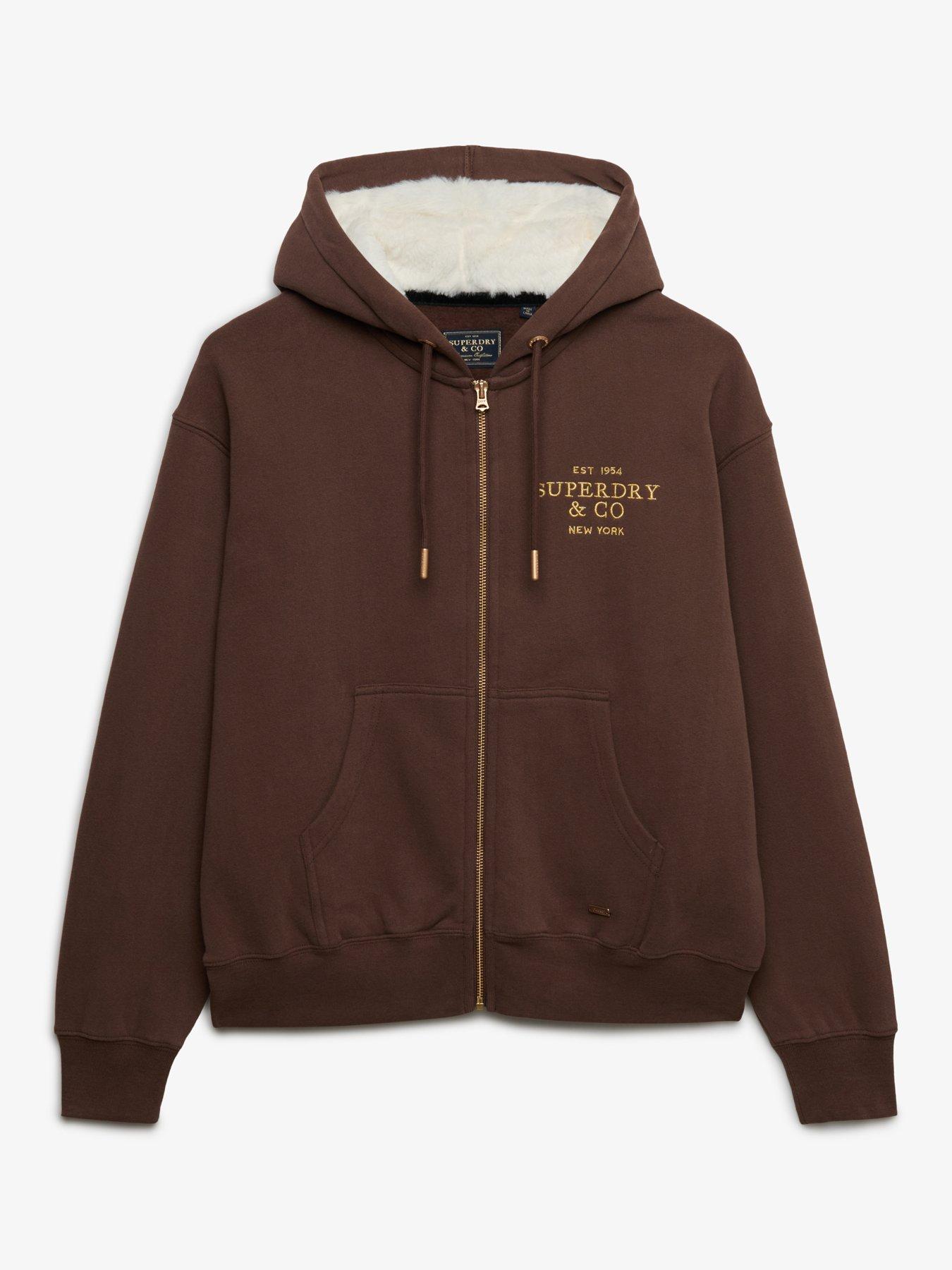 Image 7 of 7 of Superdry Womens Luxe Fur Lined Zip-Through Hoodie - Brown