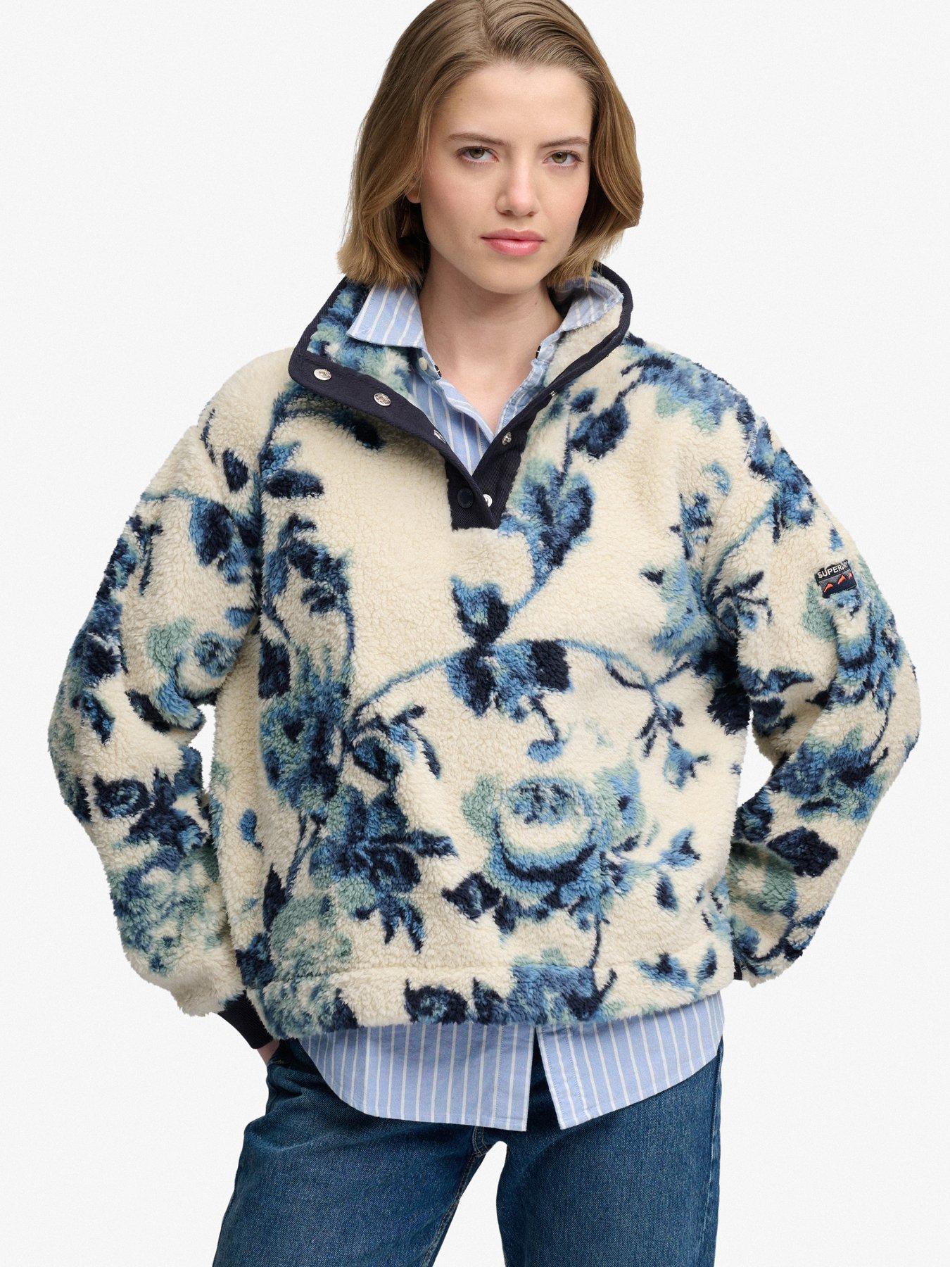 Image 1 of 6 of Superdry Womens Super Soft Printed Half Button Fleece Sweatshirt - Blue
