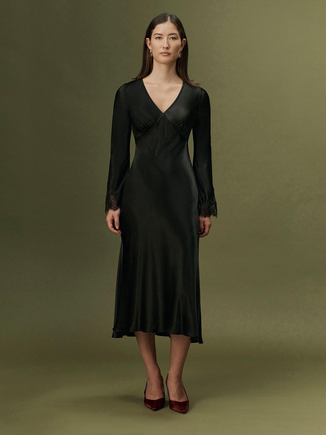 Image 1 of 7 of Ghost Womens Flori Satin-Look Lace Trim V-Neck Dress - Black