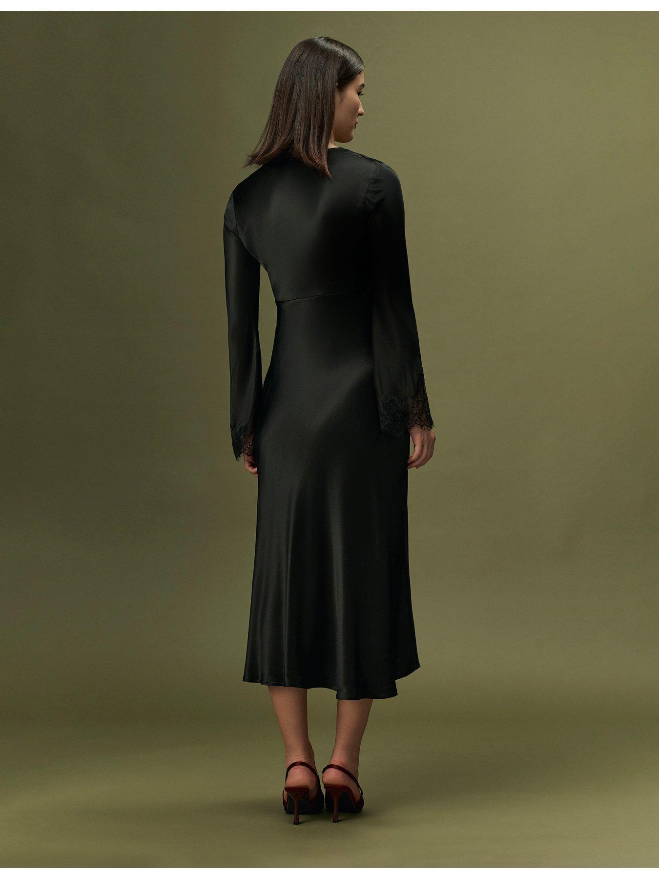 Image 2 of 7 of Ghost Womens Flori Satin-Look Lace Trim V-Neck Dress - Black