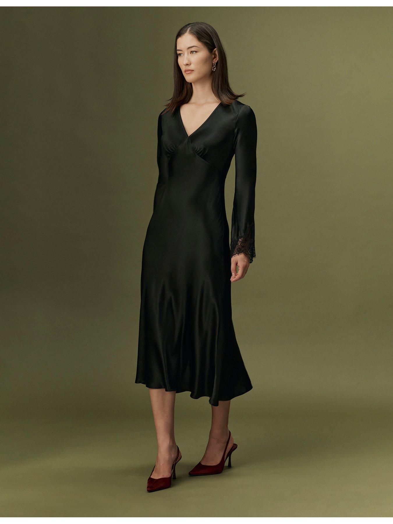 Image 3 of 7 of Ghost Womens Flori Satin-Look Lace Trim V-Neck Dress - Black