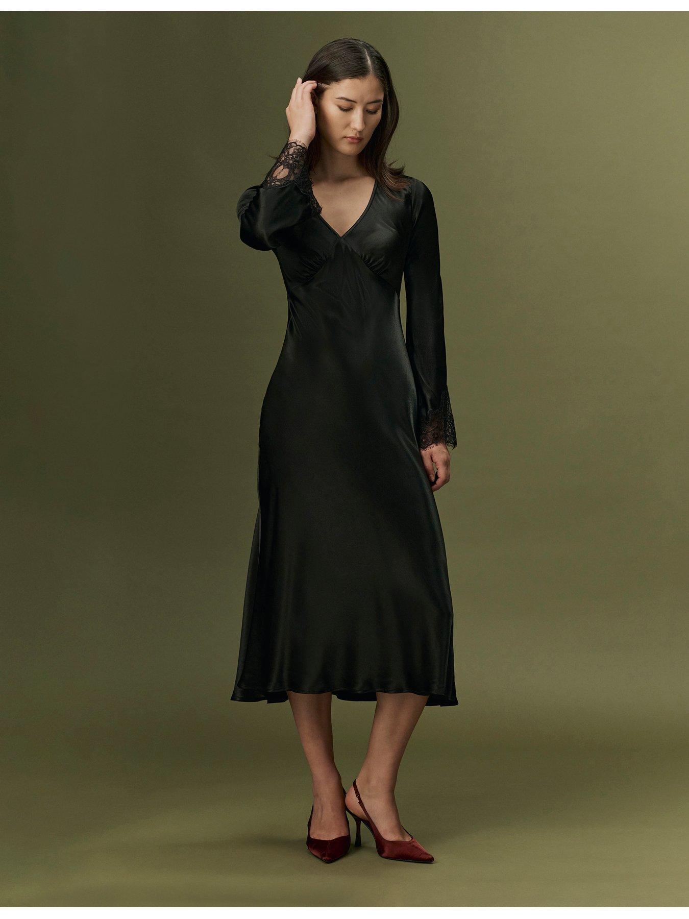 Image 4 of 7 of Ghost Womens Flori Satin-Look Lace Trim V-Neck Dress - Black