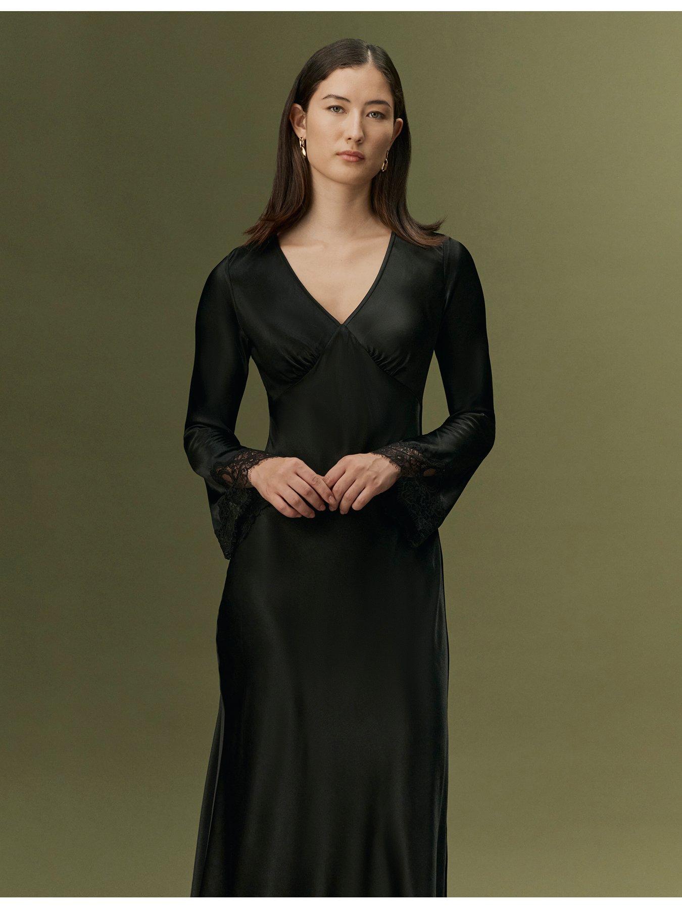 Image 5 of 7 of Ghost Womens Flori Satin-Look Lace Trim V-Neck Dress - Black