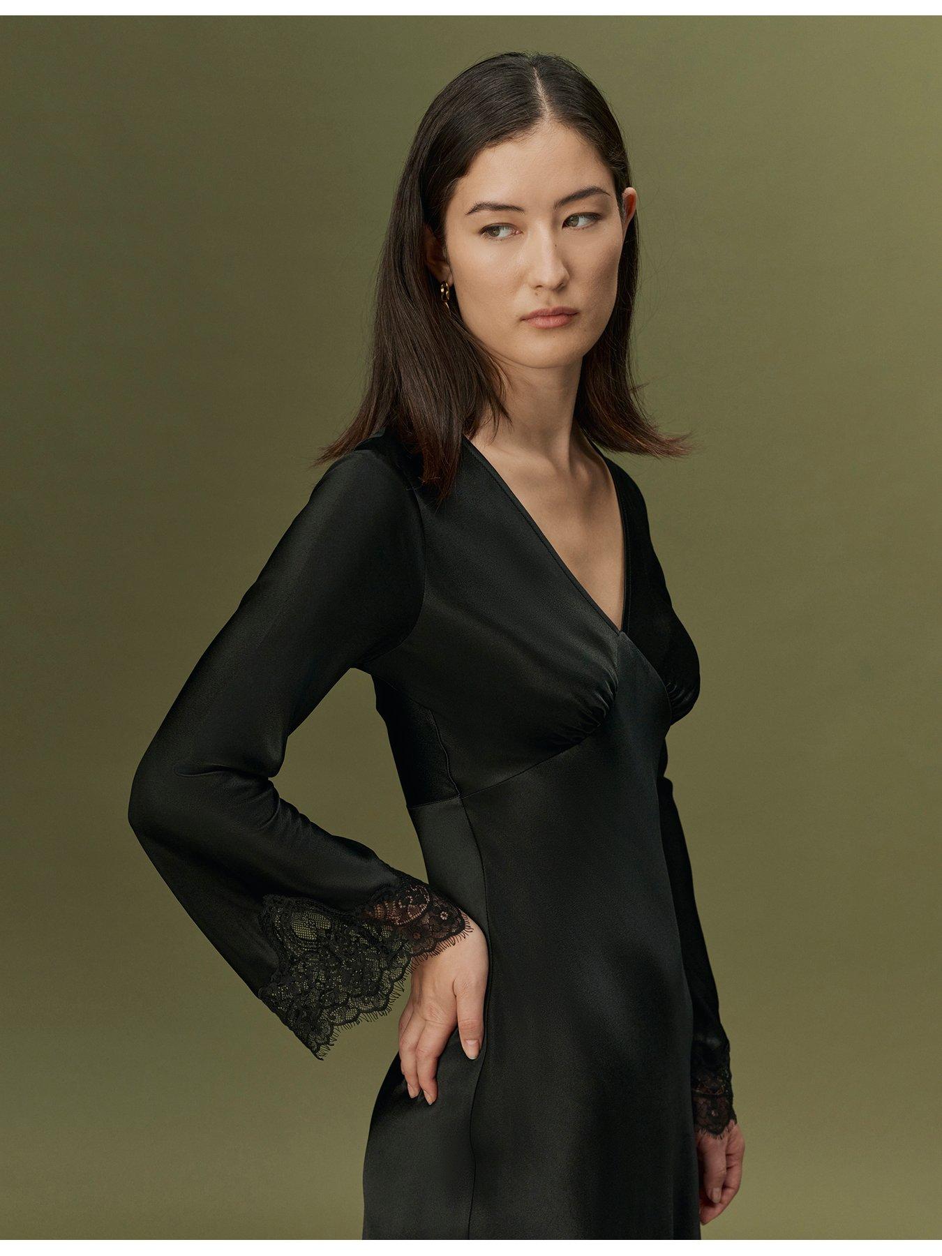 Image 6 of 7 of Ghost Womens Flori Satin-Look Lace Trim V-Neck Dress - Black